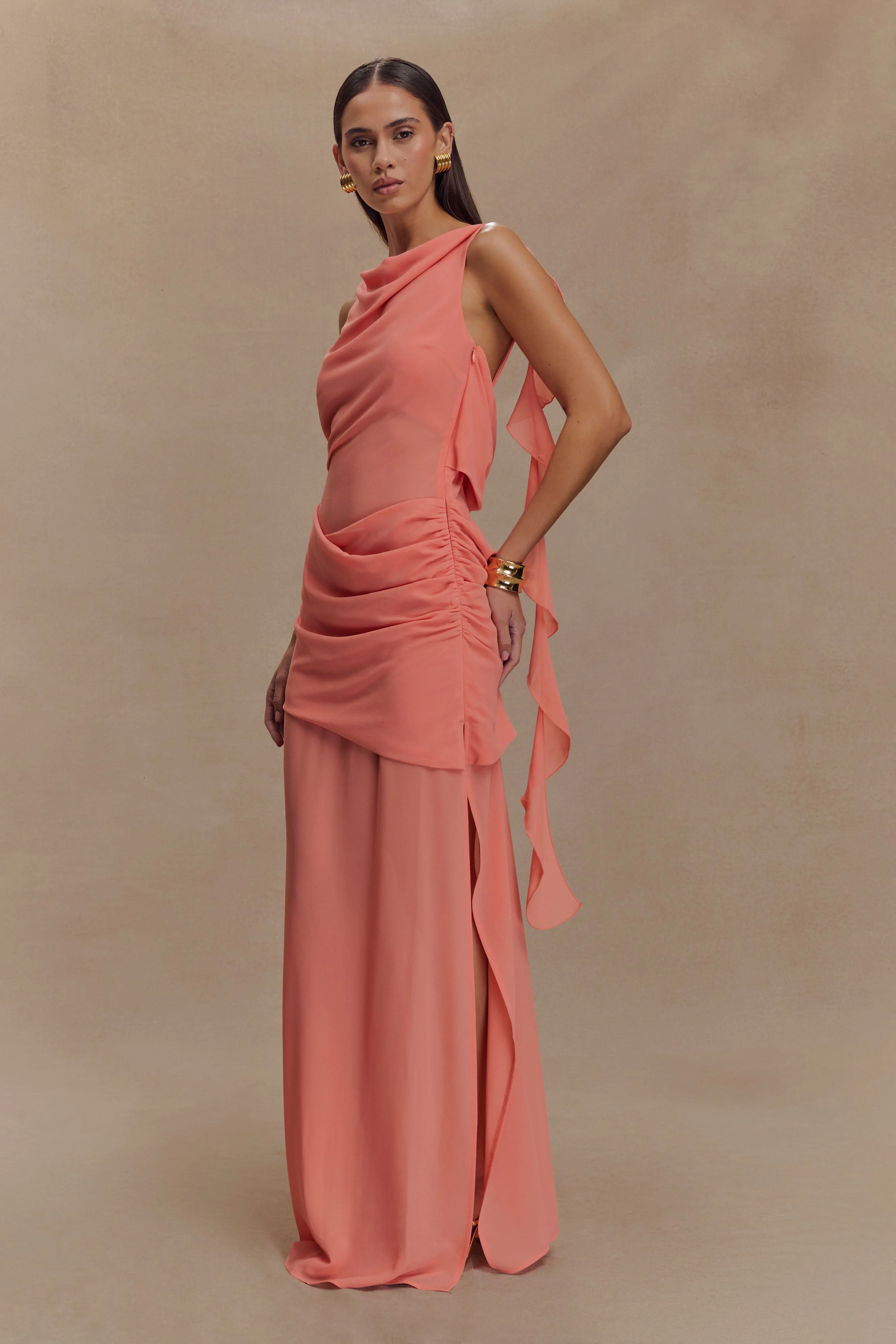 Daria Draped Chiffon Maxi Dress - Pastel Nectarine