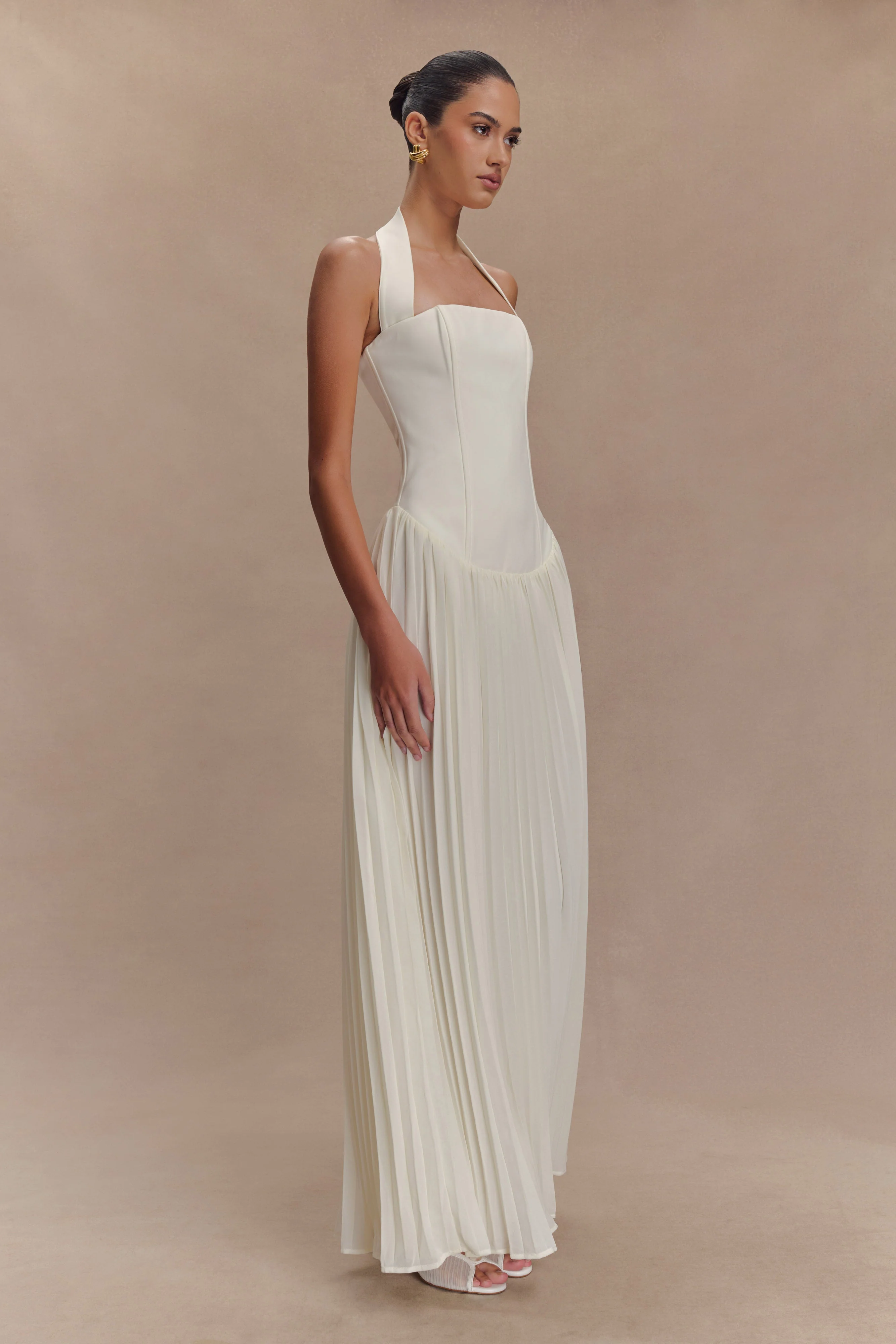 Stacie Pleated Halter Maxi Dress - Ivory