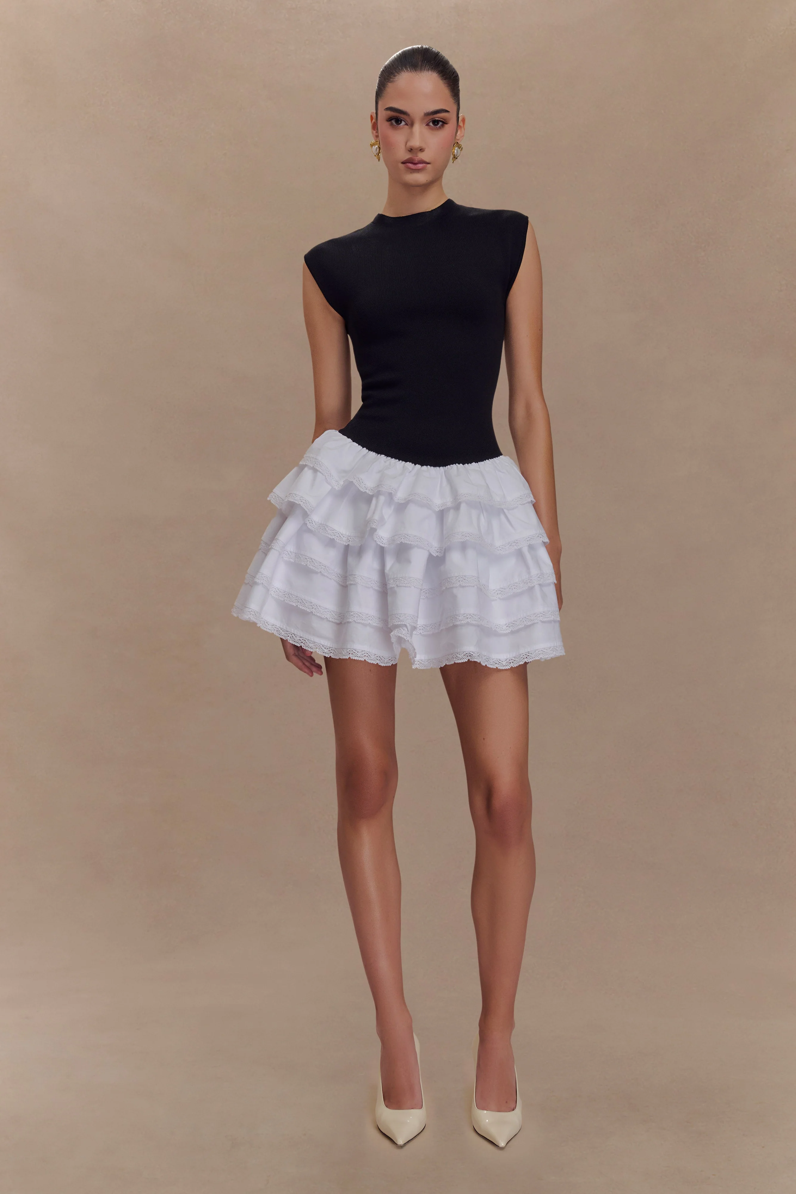 Maeve Contrast Ruffle Knit Mini Dress - Black/White