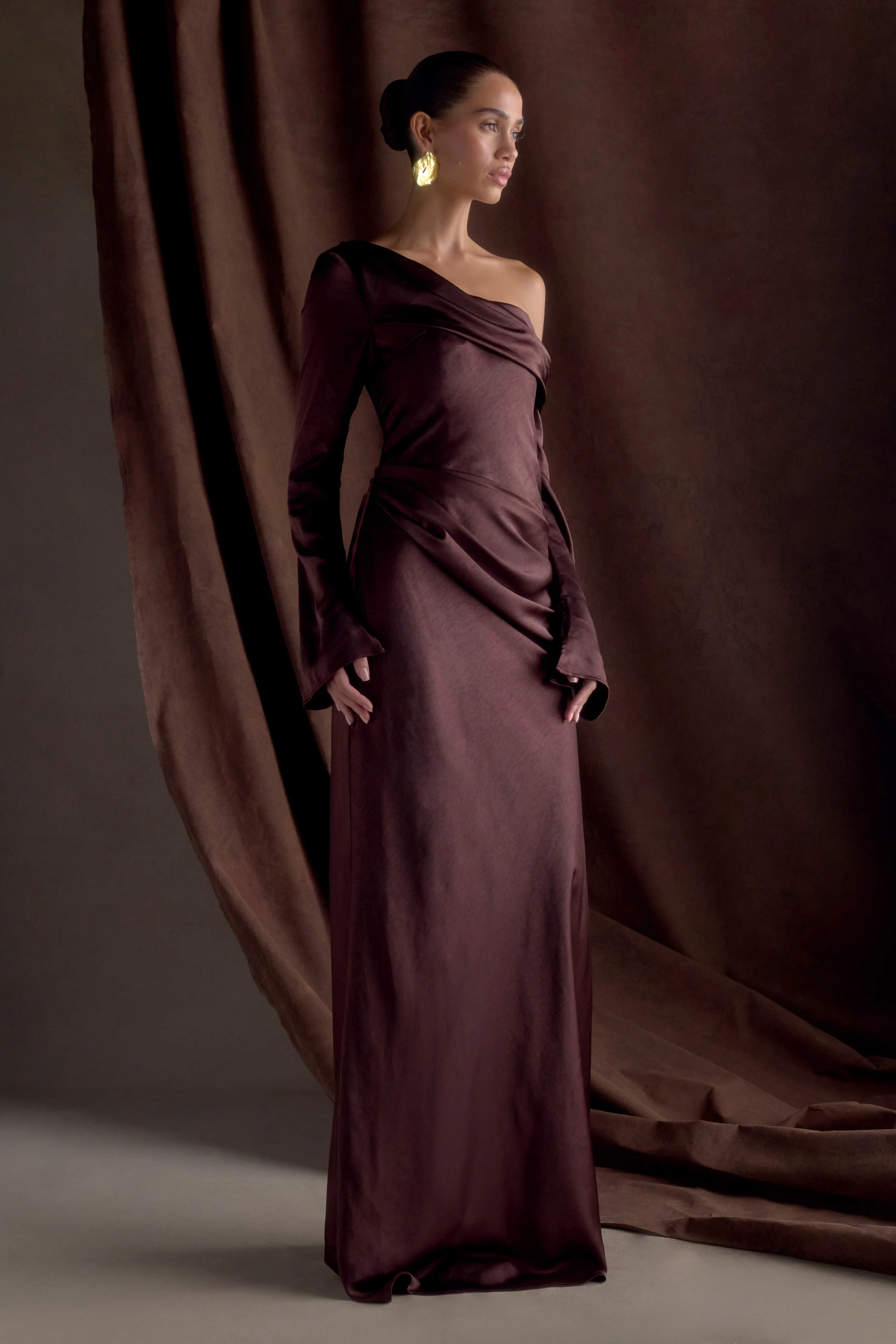Iris Long Sleeve Satin Maxi Dress - Dark Chocolate
