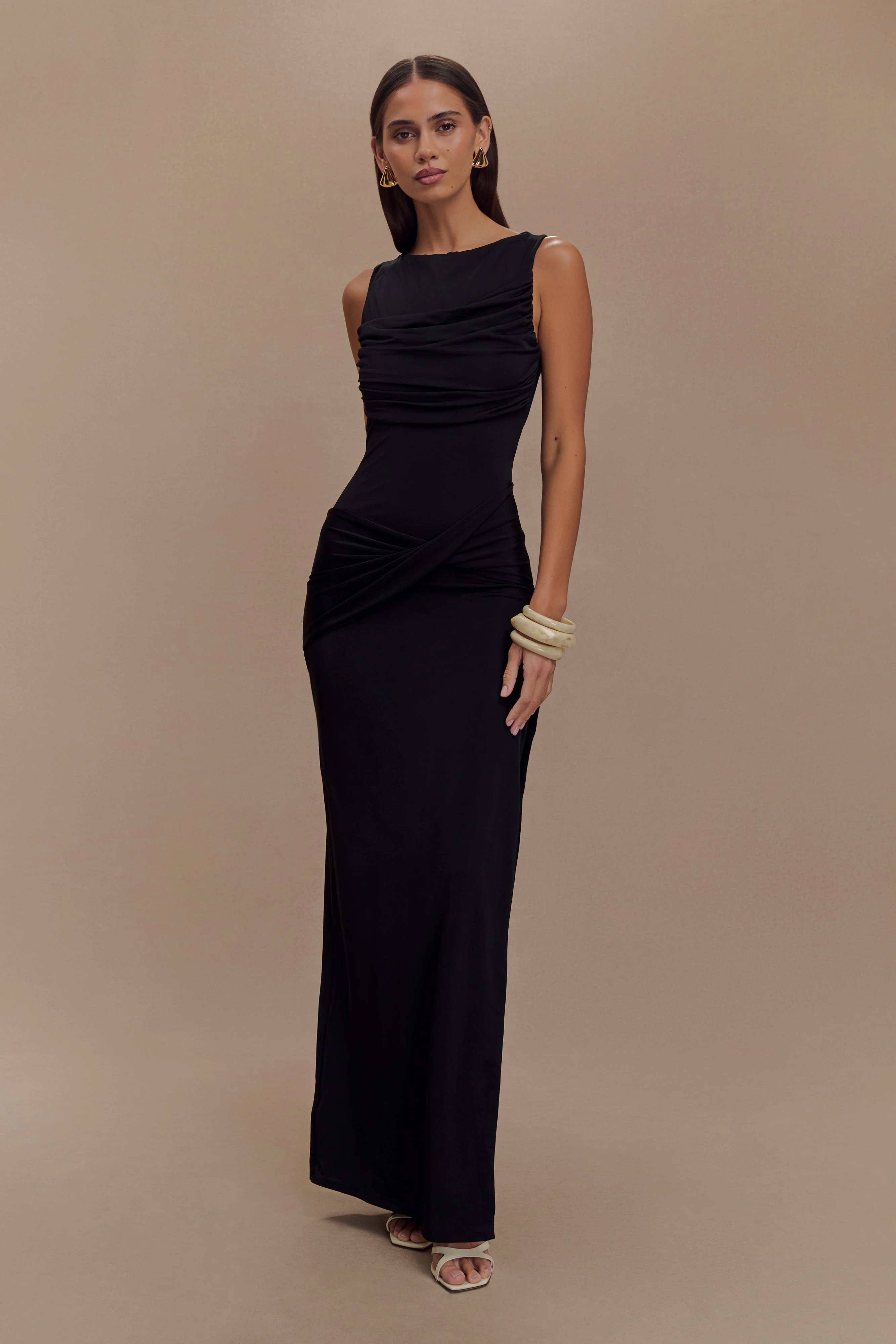 Henley Slinky Drape Maxi Dress - Black