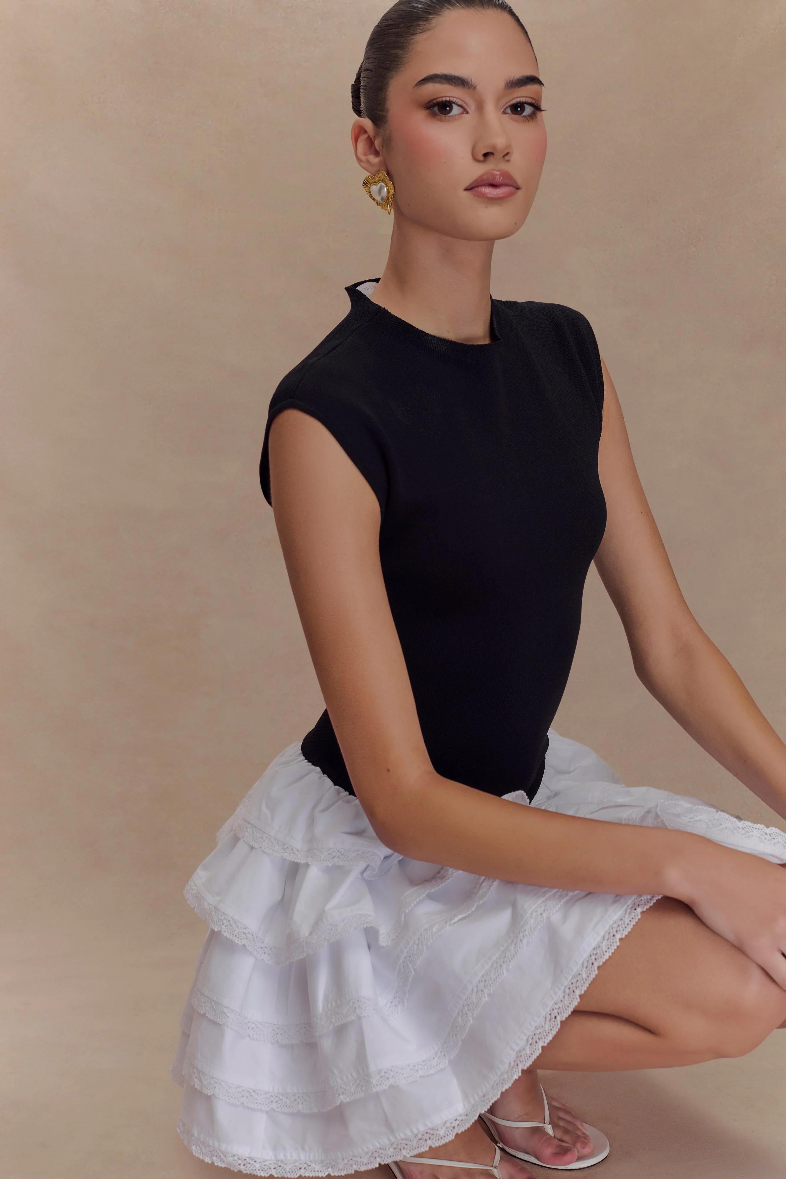 Maeve Contrast Ruffle Knit Mini Dress - Black/White