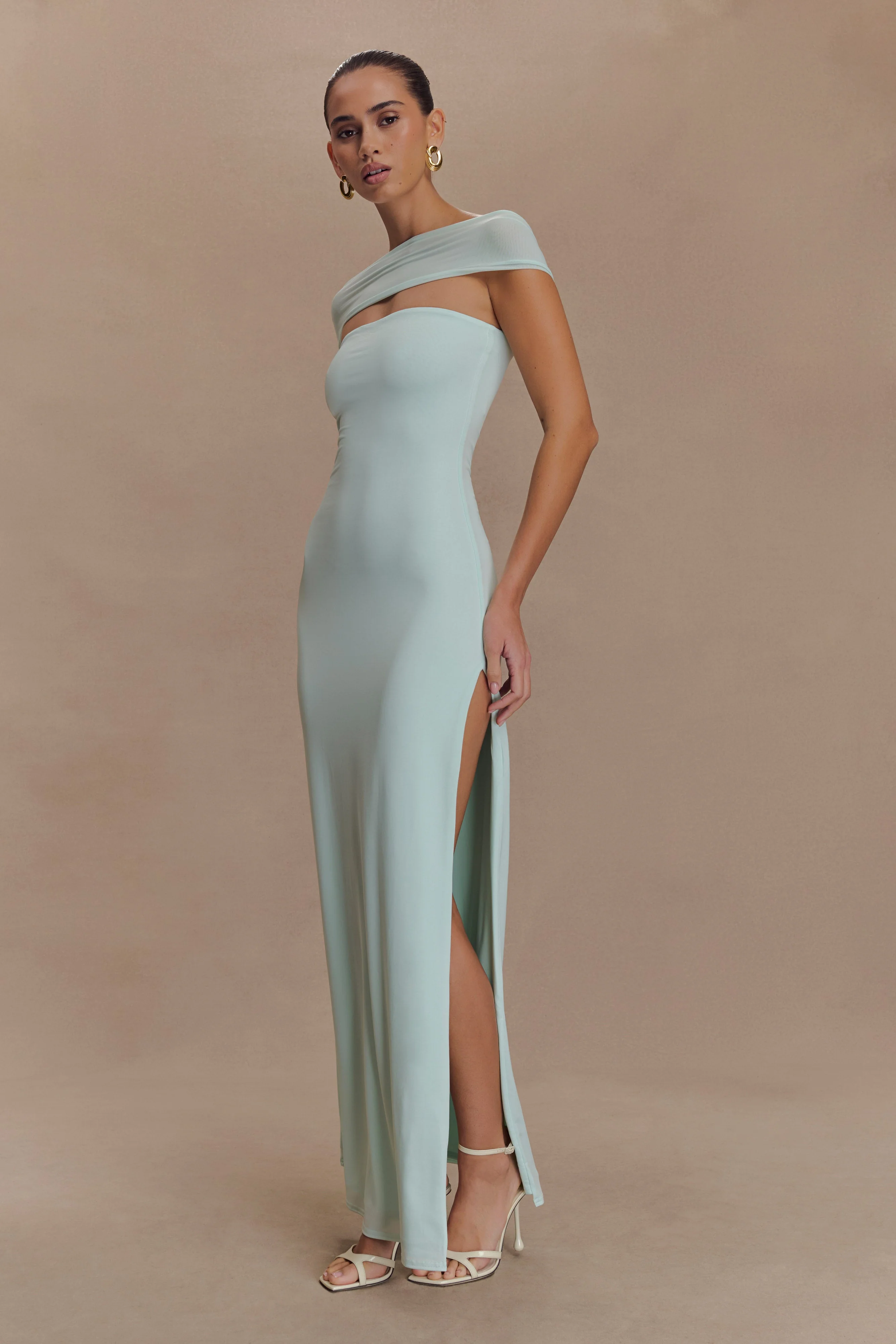 Aurora Slinky And Mesh Split Maxi Dress - Lagoon