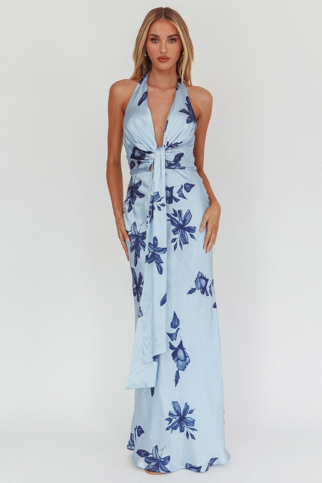 Make Believe Plunging Halterneck Maxi Dress Floral Navy