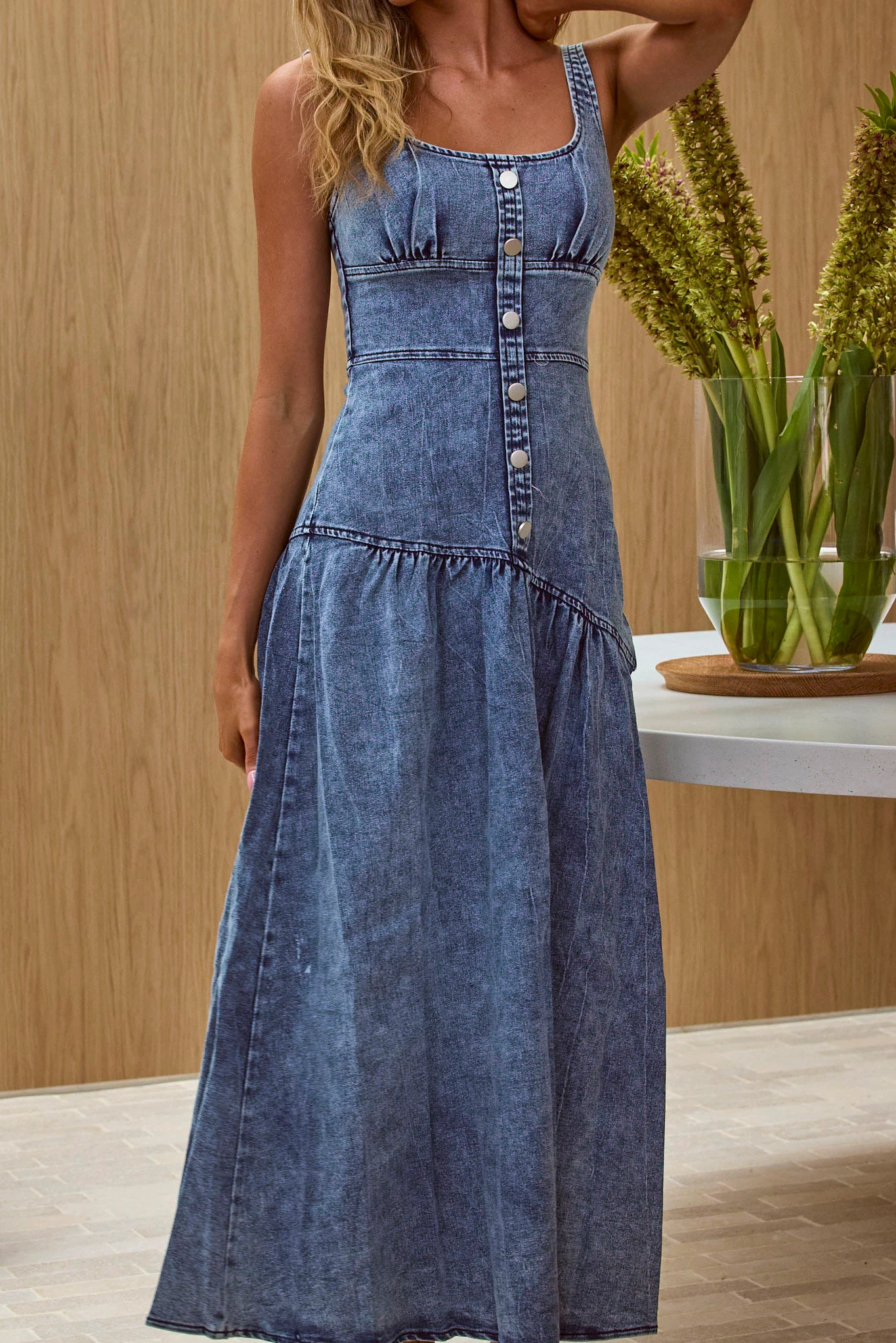 Pansy Scoop Neck Flounce Hem Maxi Dress Denim
