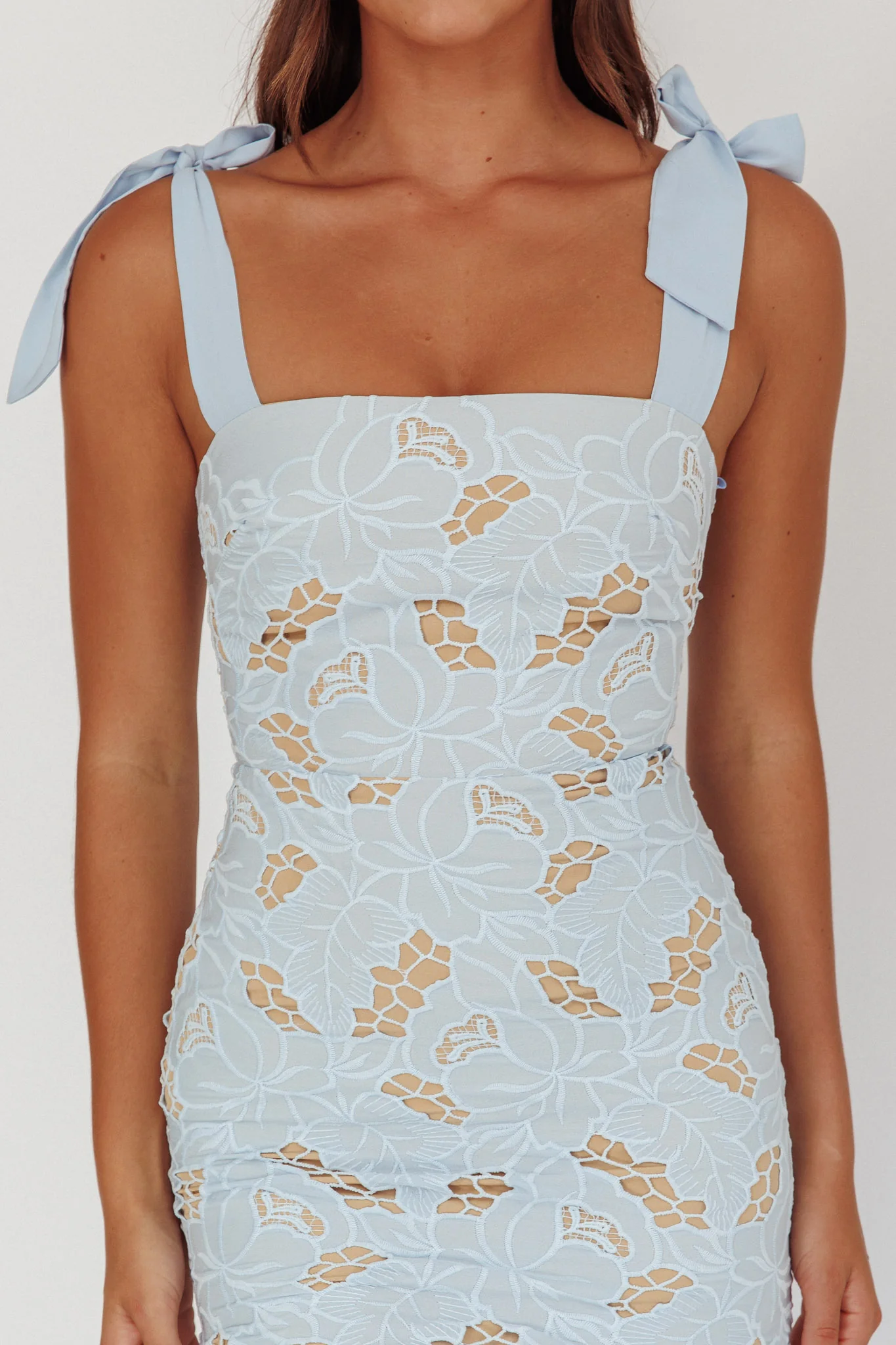 Coastal Bloom Tied Shoulder Maxi Dress Embroidered Baby Blue