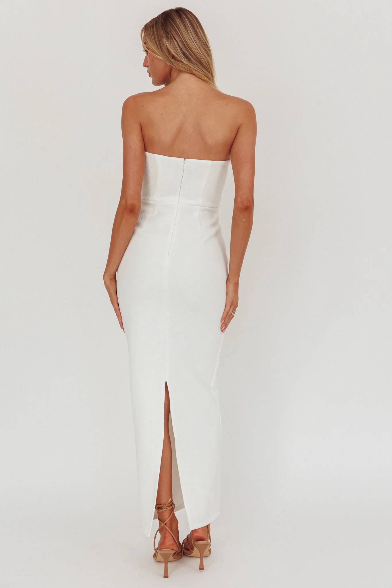 She Is Button Front Strapless Maxi Dress White