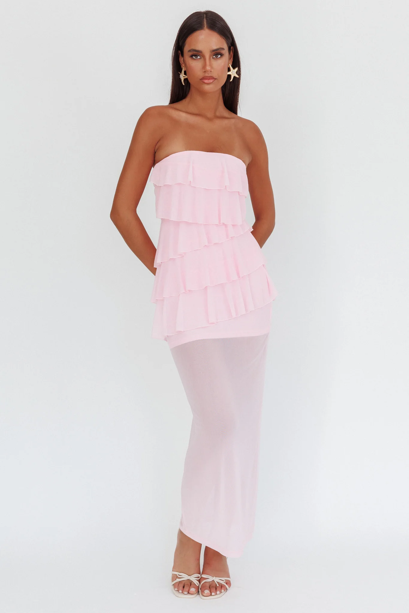 Crewe Strapless Ruffle Maxi Dress Pink