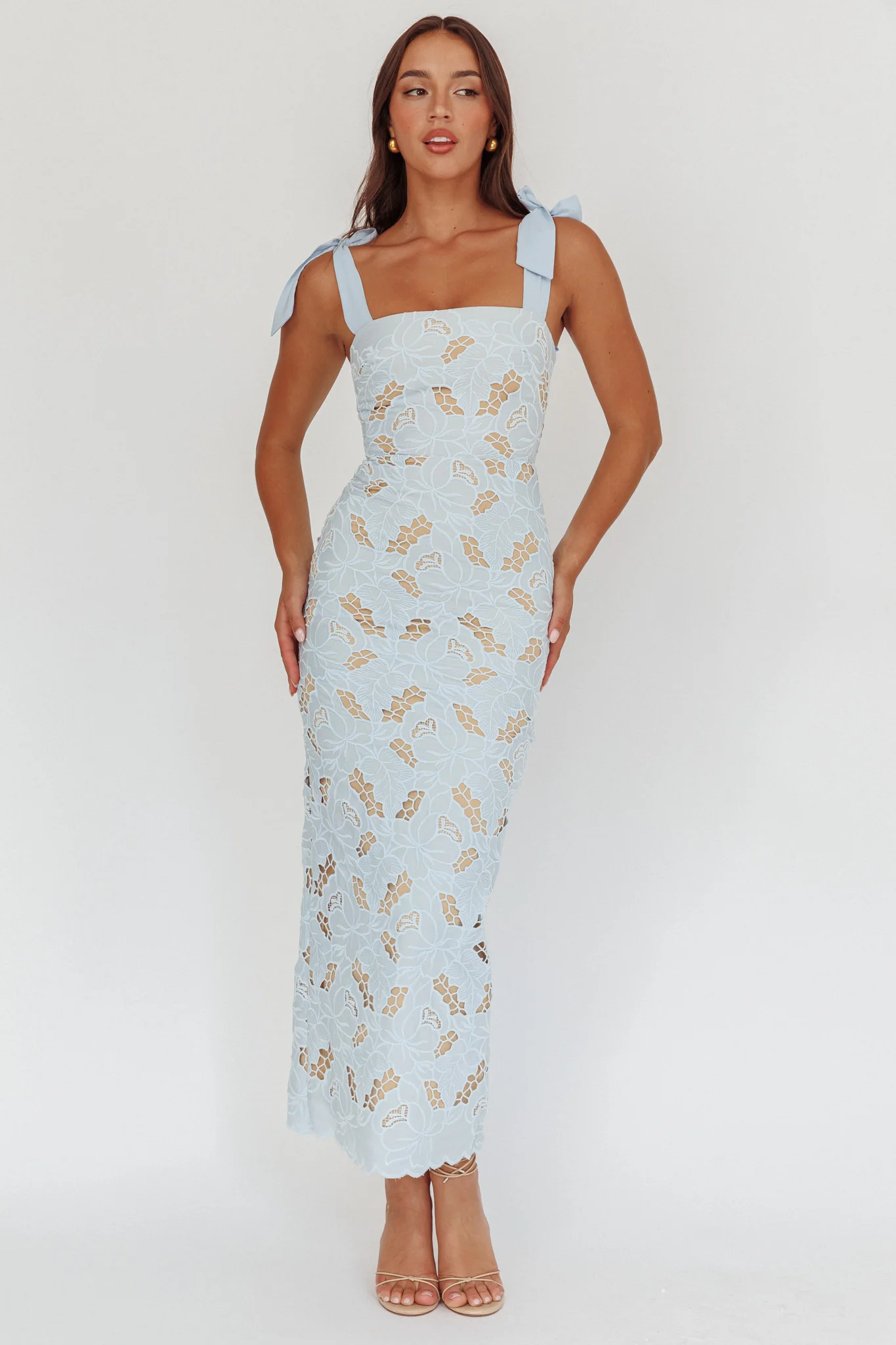 Coastal Bloom Tied Shoulder Maxi Dress Embroidered Baby Blue