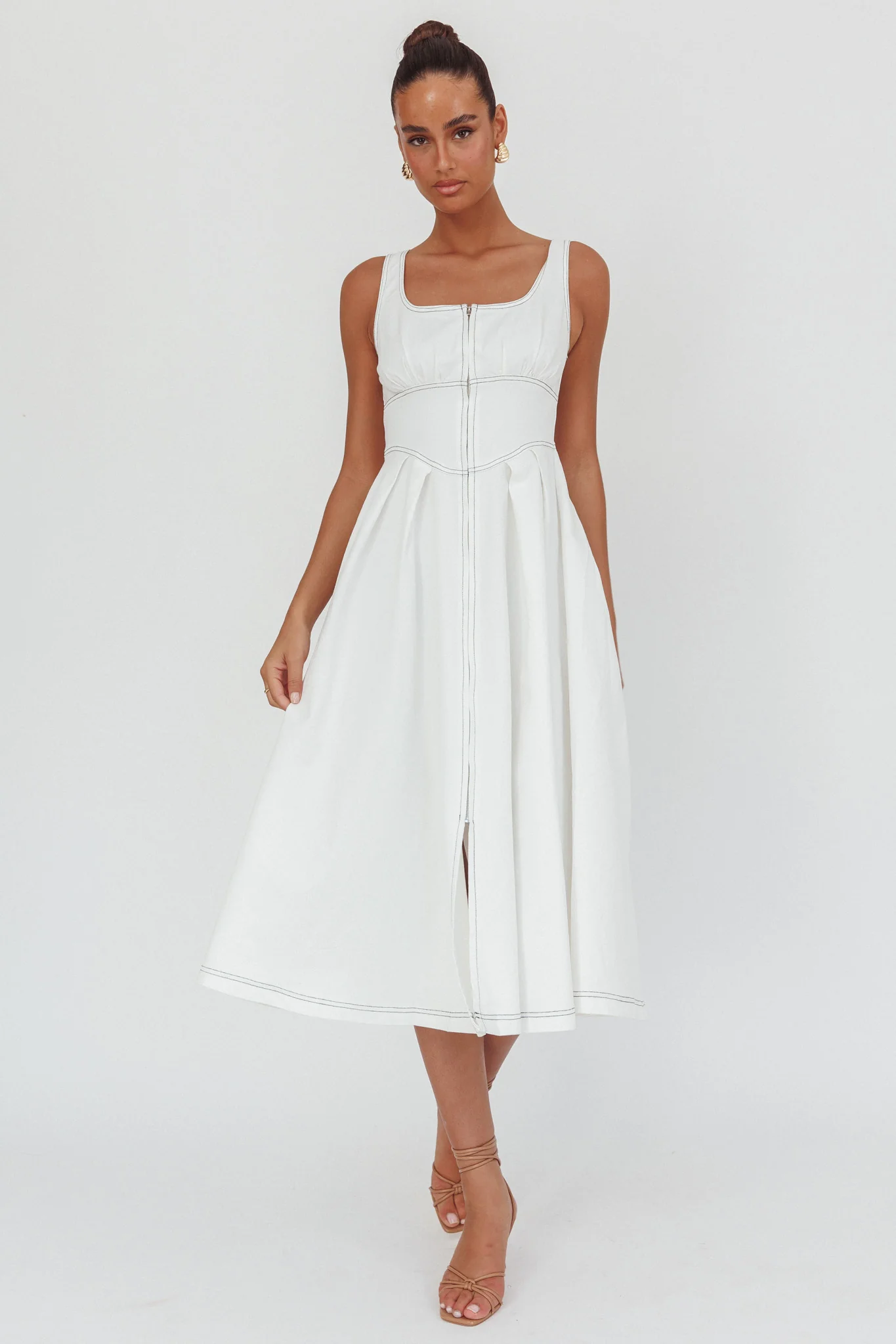Leeli Zipper Front Midi Dress White