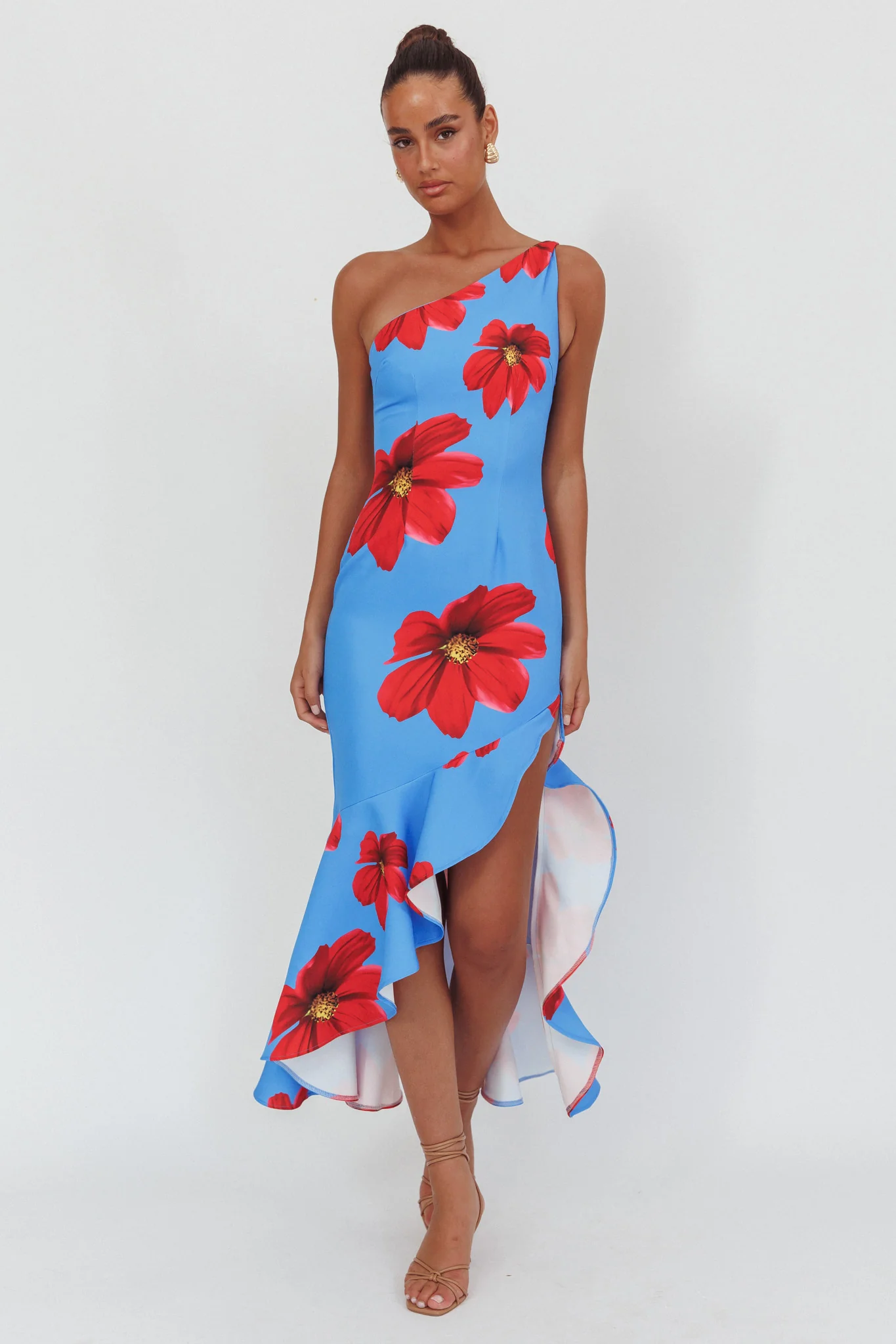 Lights On One-Shoulder Ruffle Hem Maxi Dress Floral Blue