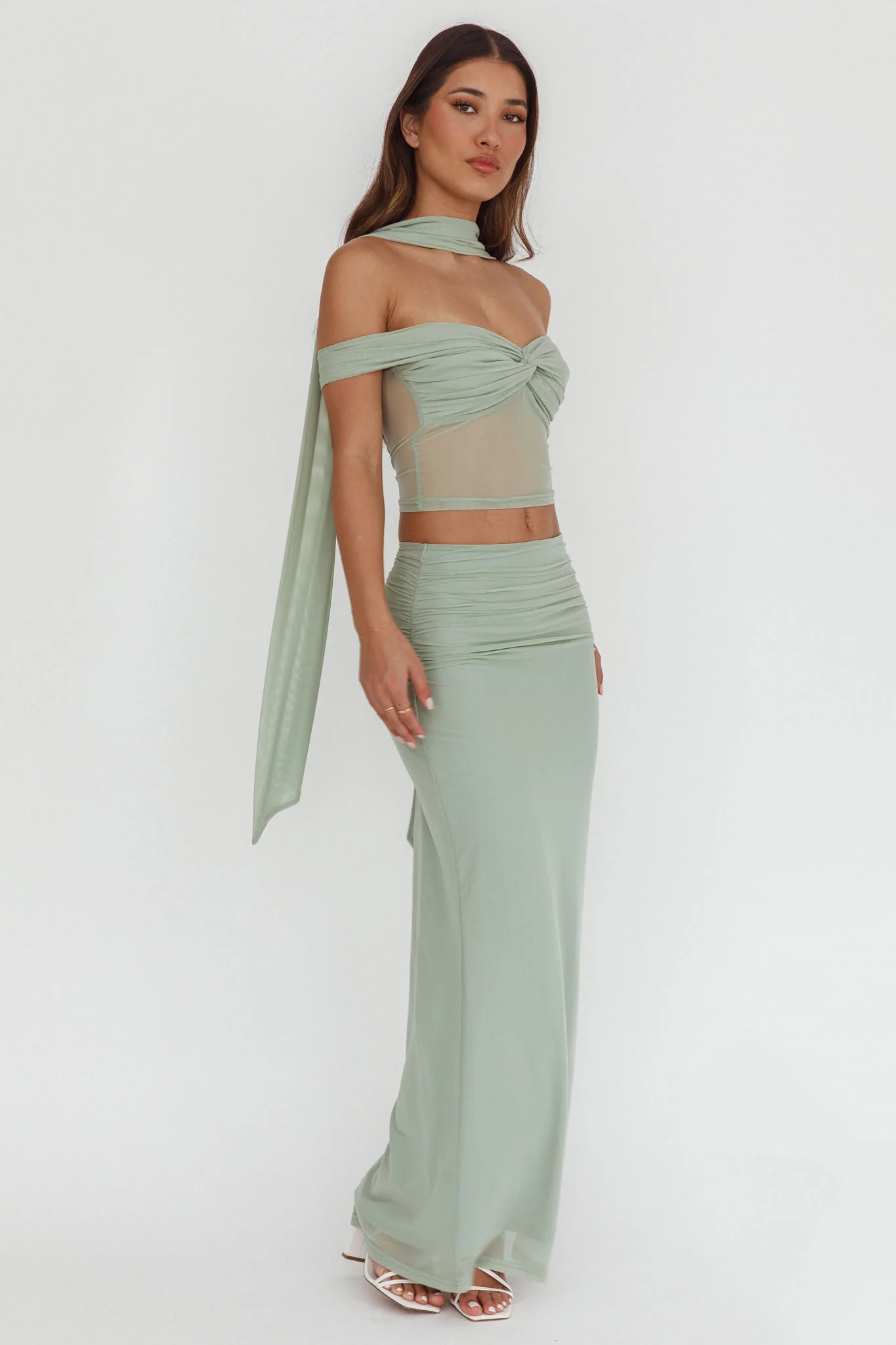 All The Lights Ruched Midi Skirt Sage
