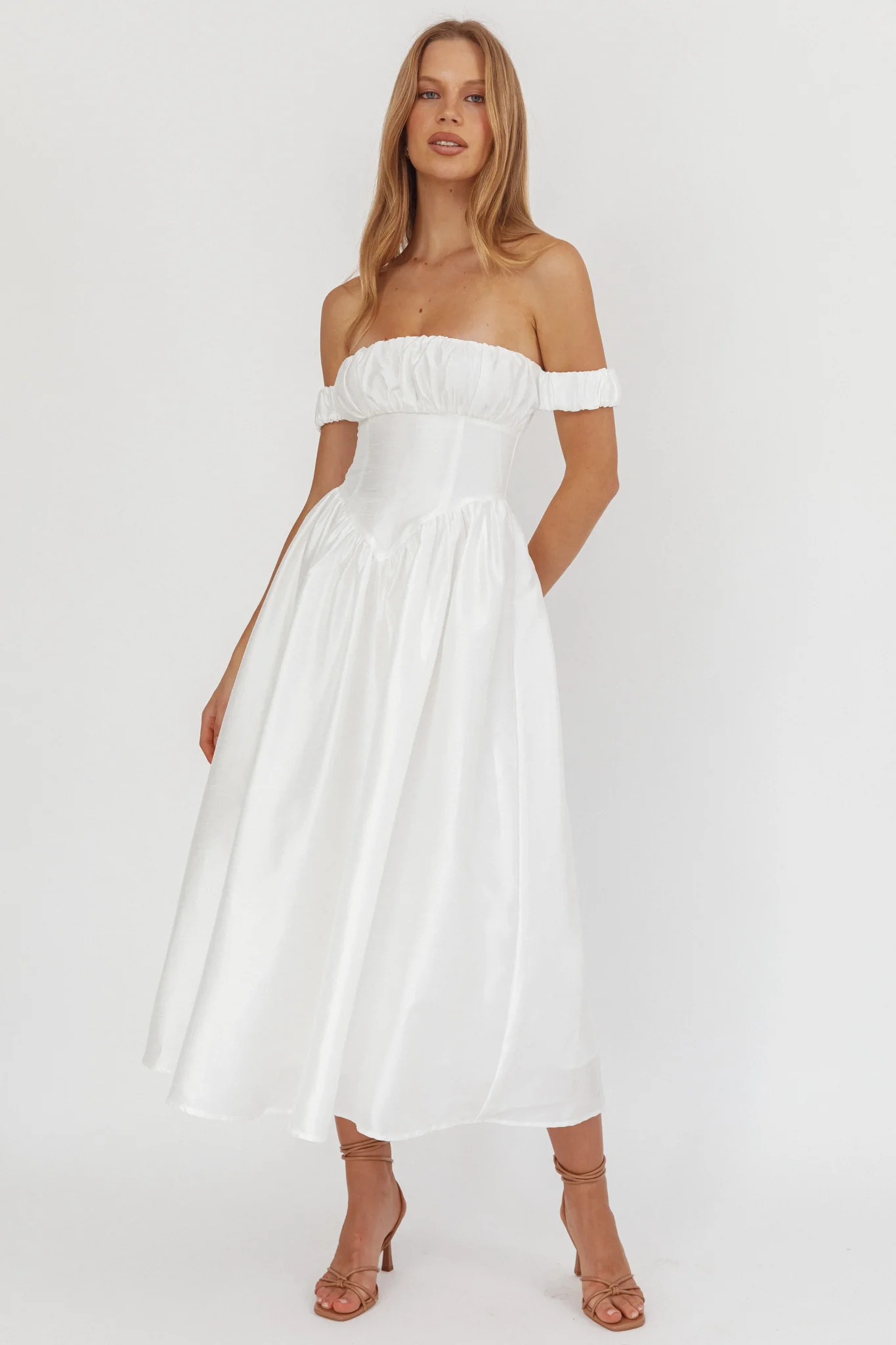 Heavens Above Off-Shoulder Basque Waist Midi Dress Ivory