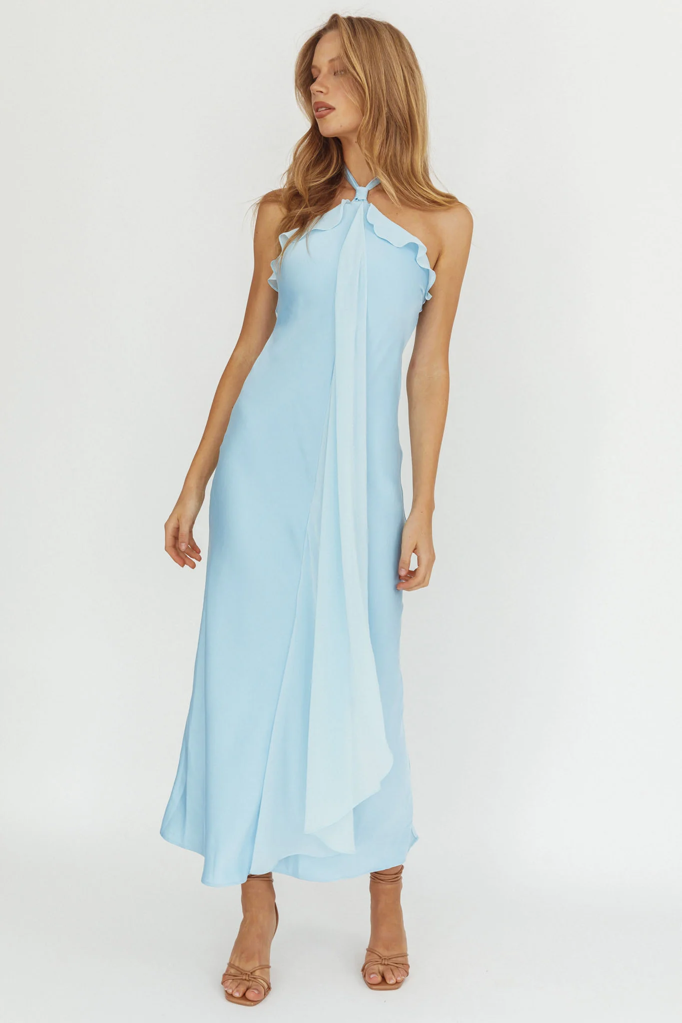Starlet Halterneck Sash Maxi Dress Baby Blue
