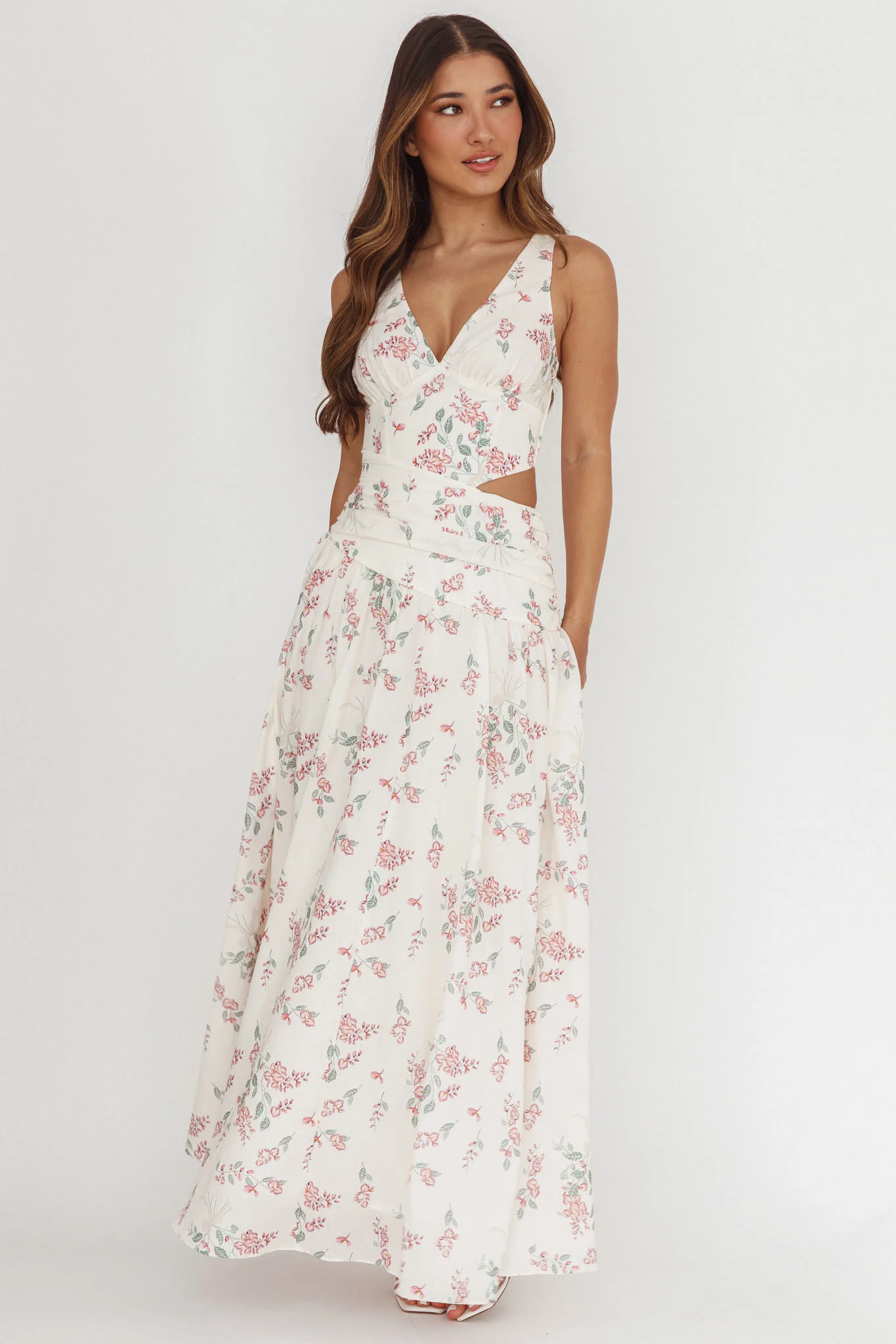 First Dates Waist Cut-Out Maxi Dress Floral Cream/Pink