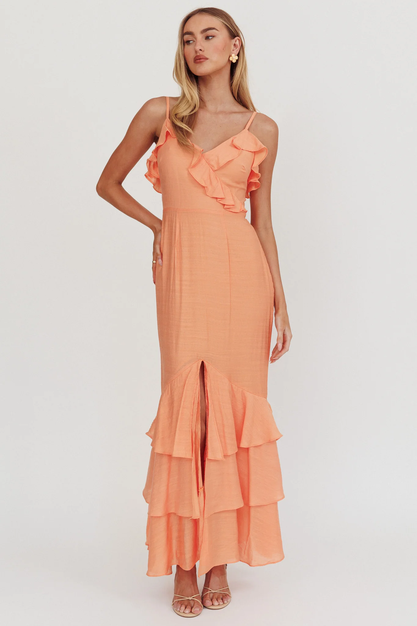 Silvana Frill Trim Split Maxi Dress Orange