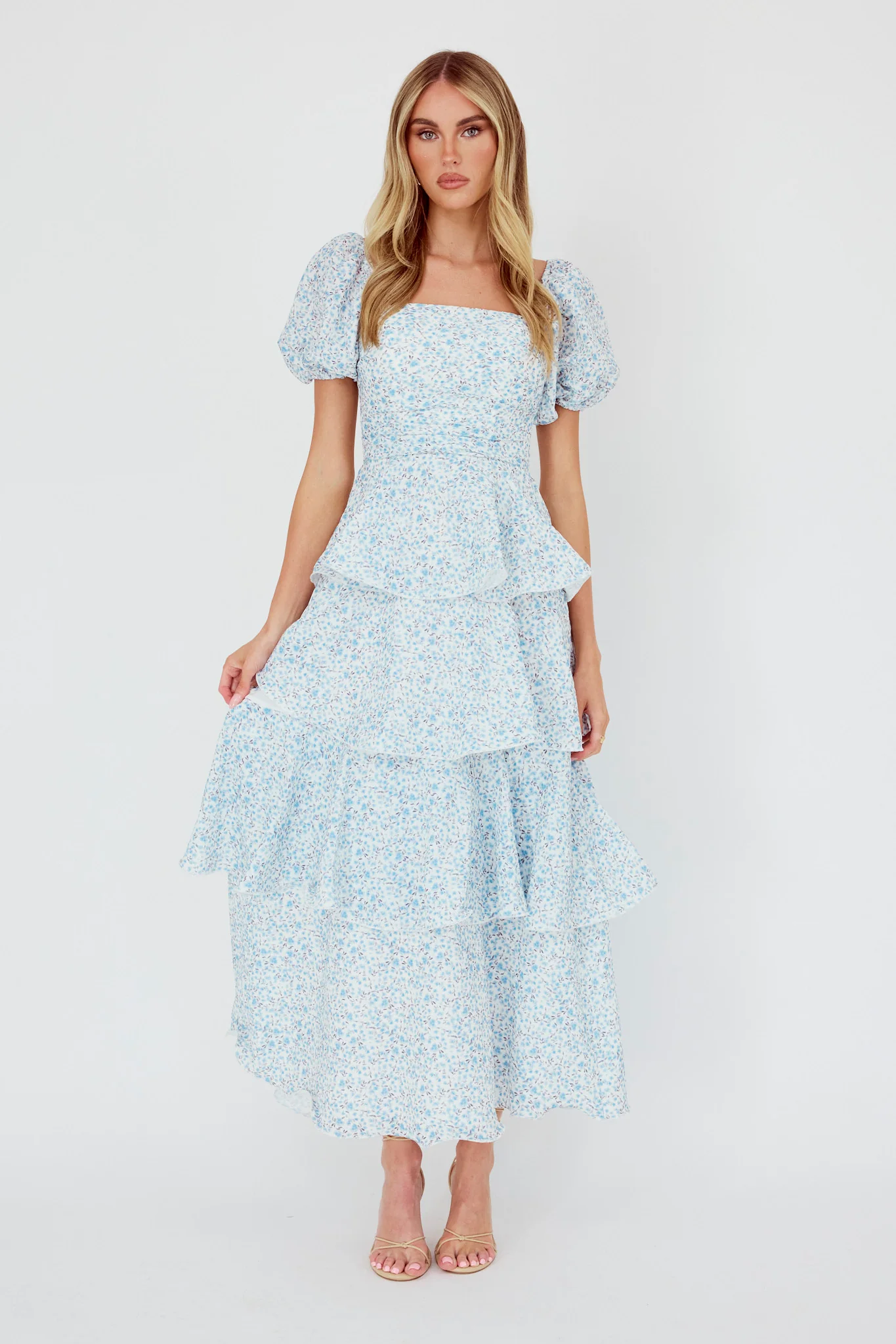 Giavana Puff Sleeve Layered Maxi Dress Floral Blue