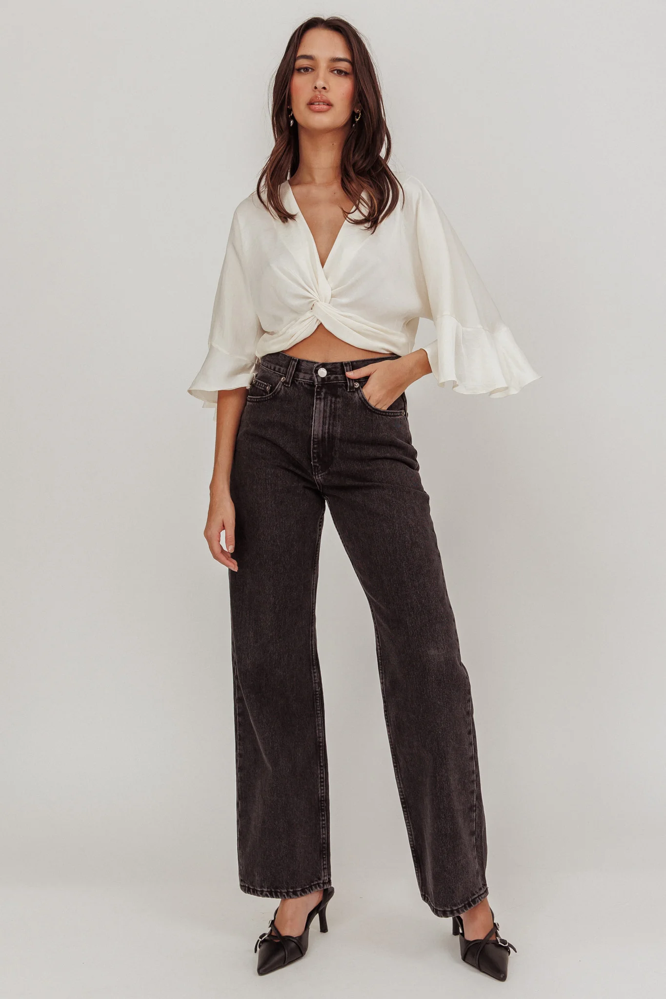 Rejoice Flounce Sleeve Knot Top Ivory