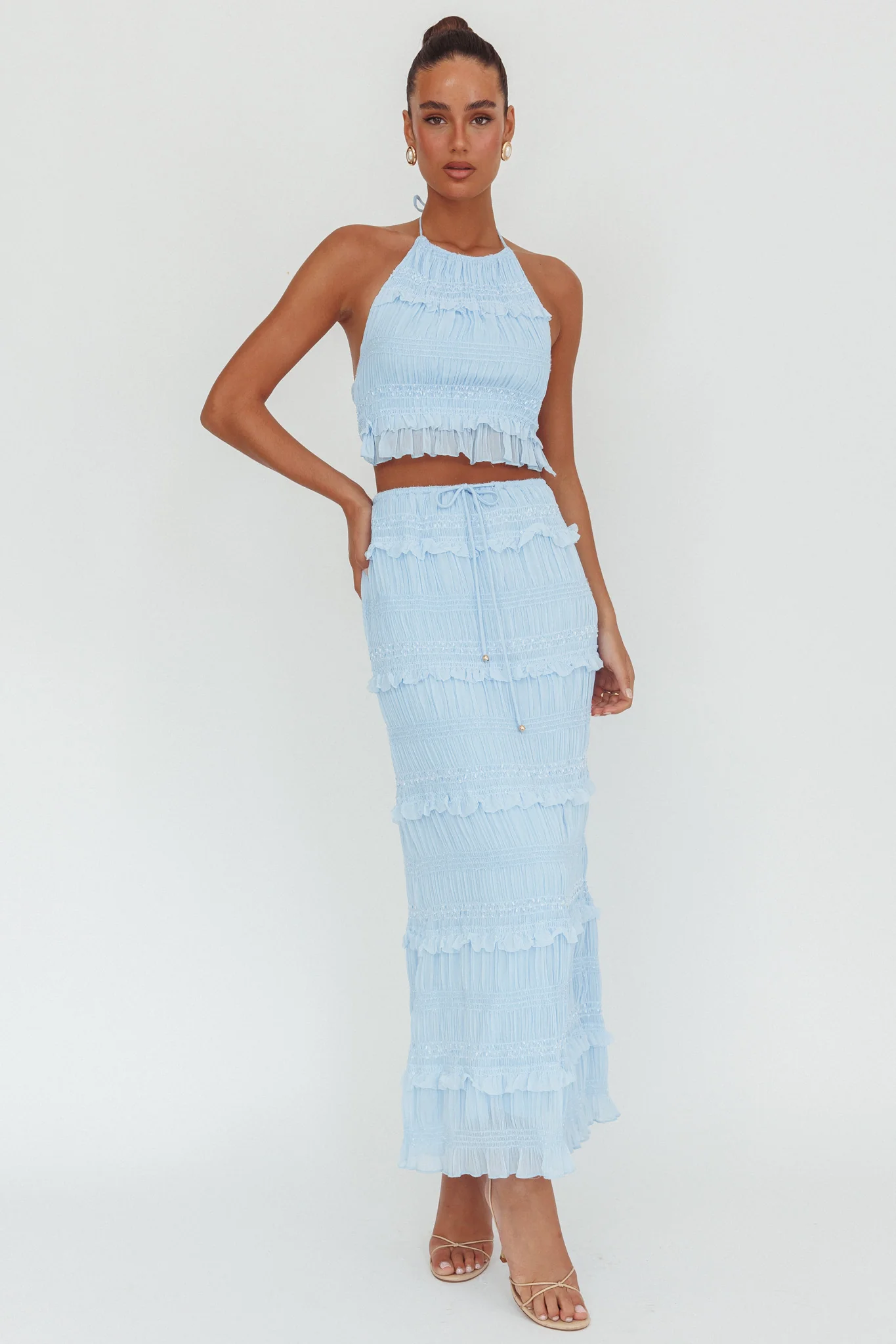 Helios Shirred Sequin Maxi Skirt Blue