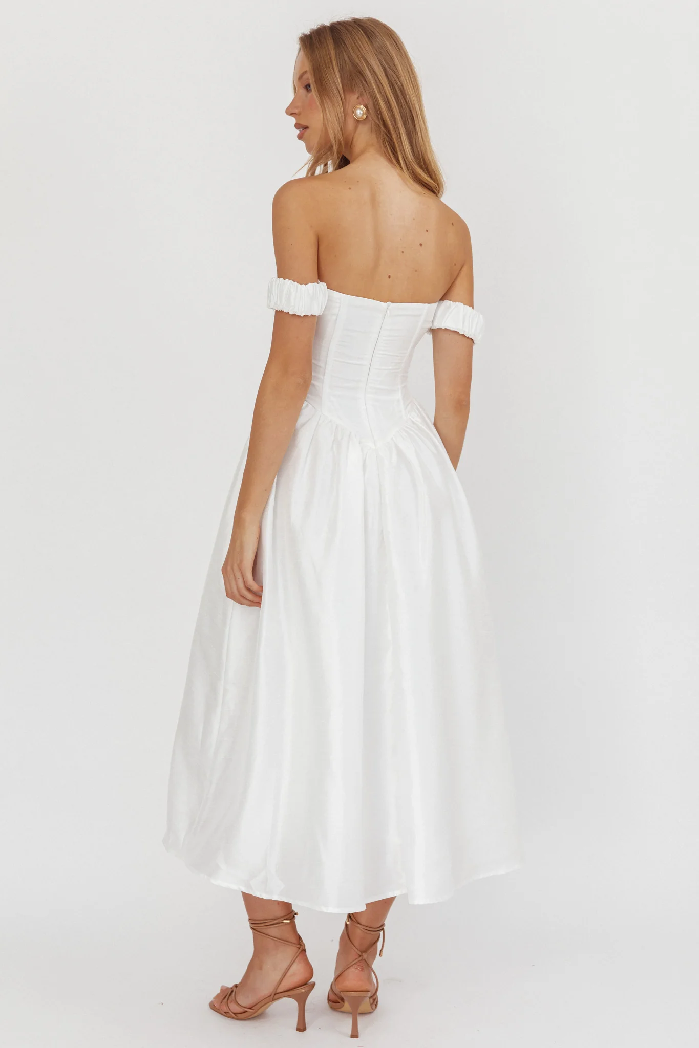 Heavens Above Off-Shoulder Basque Waist Midi Dress Ivory