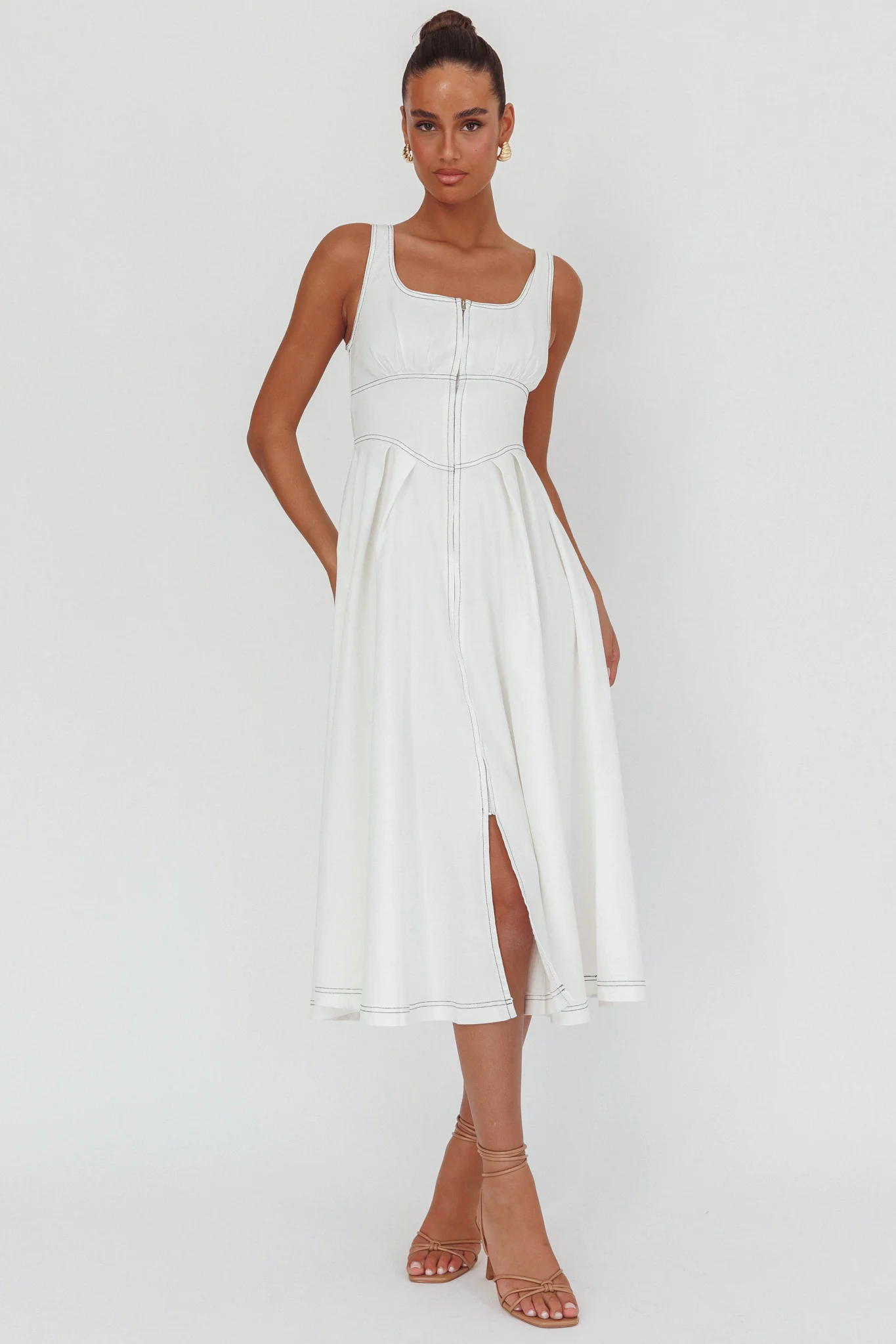 Leeli Zipper Front Midi Dress White