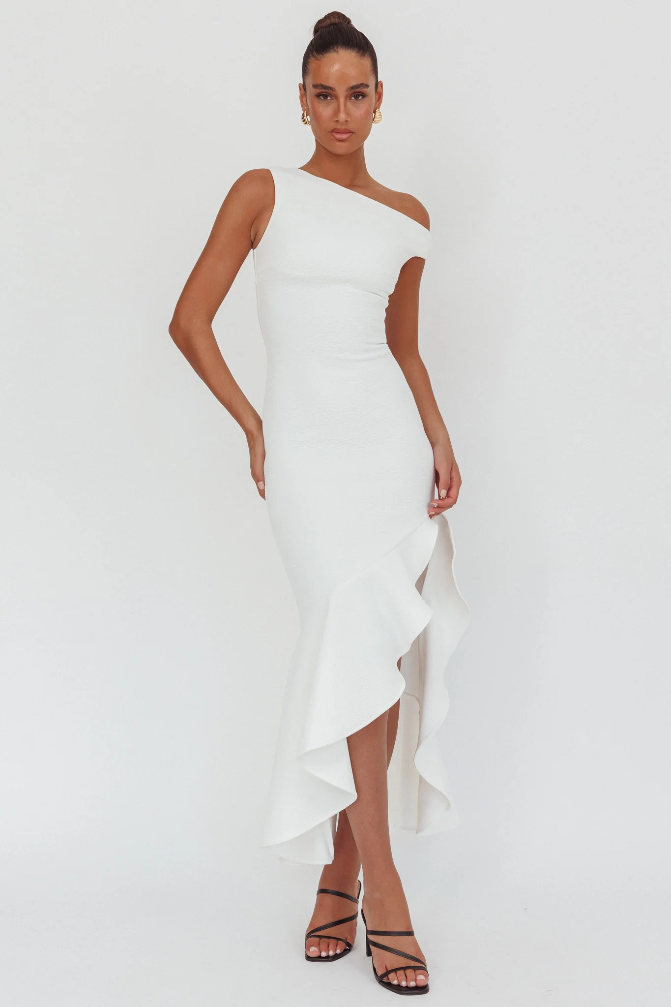 Lights On One-Shoulder Ruffle Hem Maxi Dress White