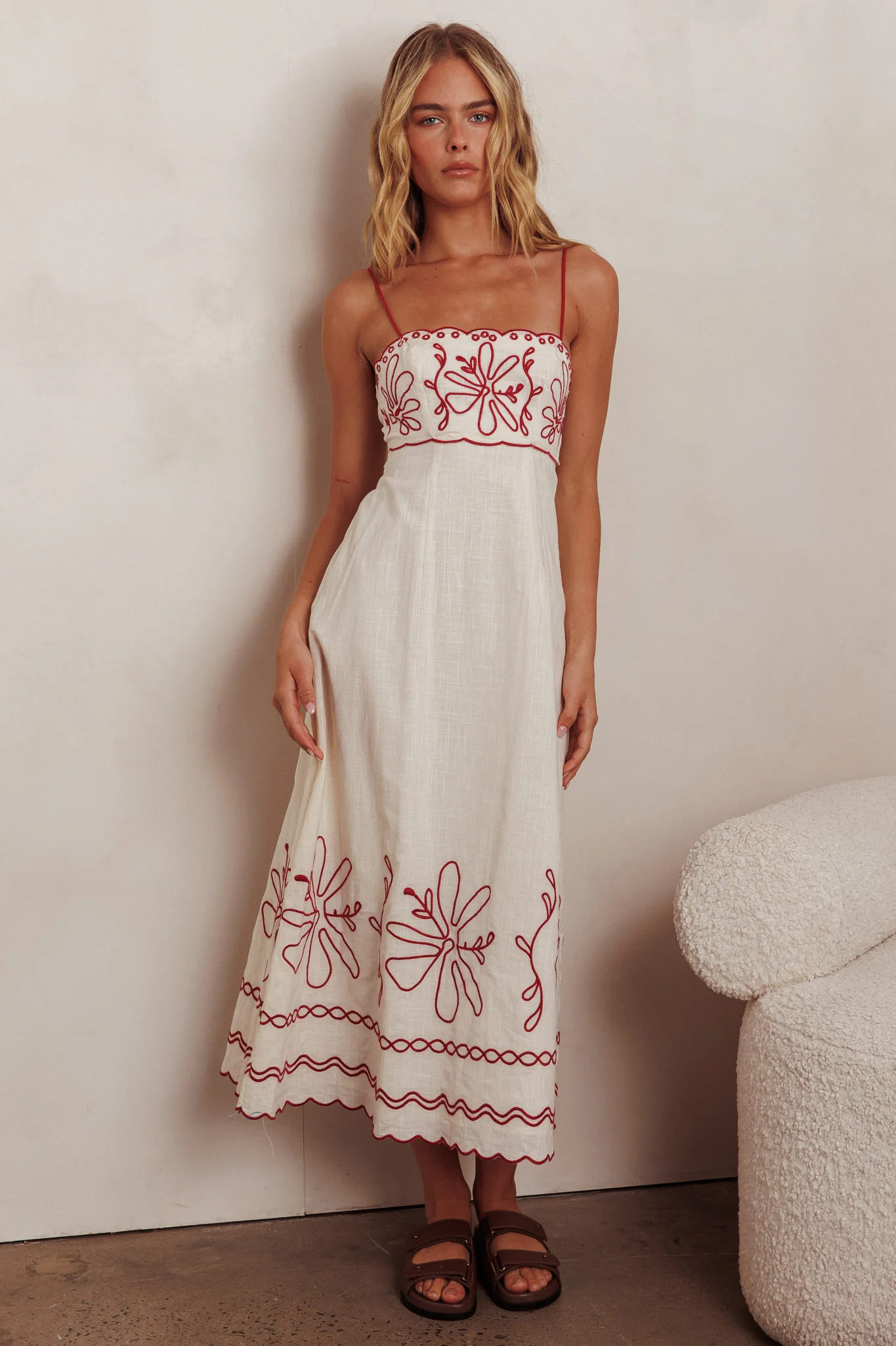 Mondo Scalloped Hem Maxi Dress Embroidered Red