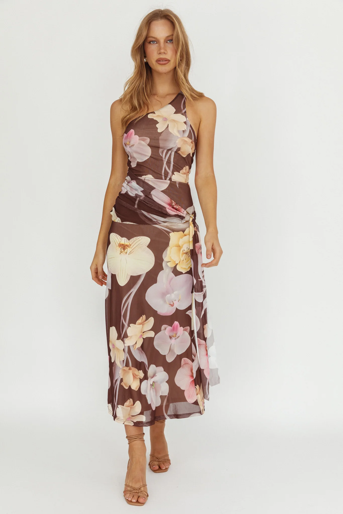 Kimbra Waist Sash Maxi Dress Floral Brown
