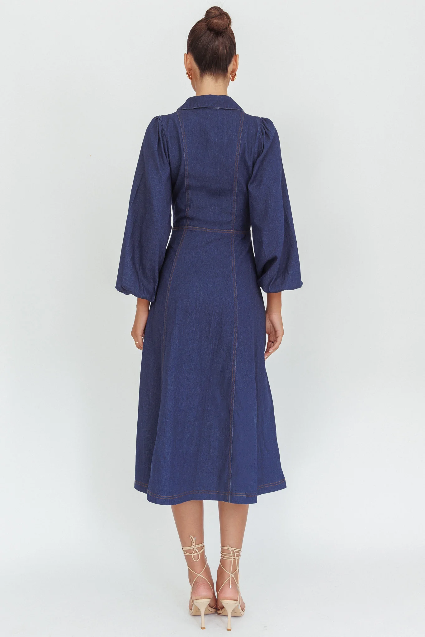 Ania Long Balloon Style Midi Dress Dark Denim