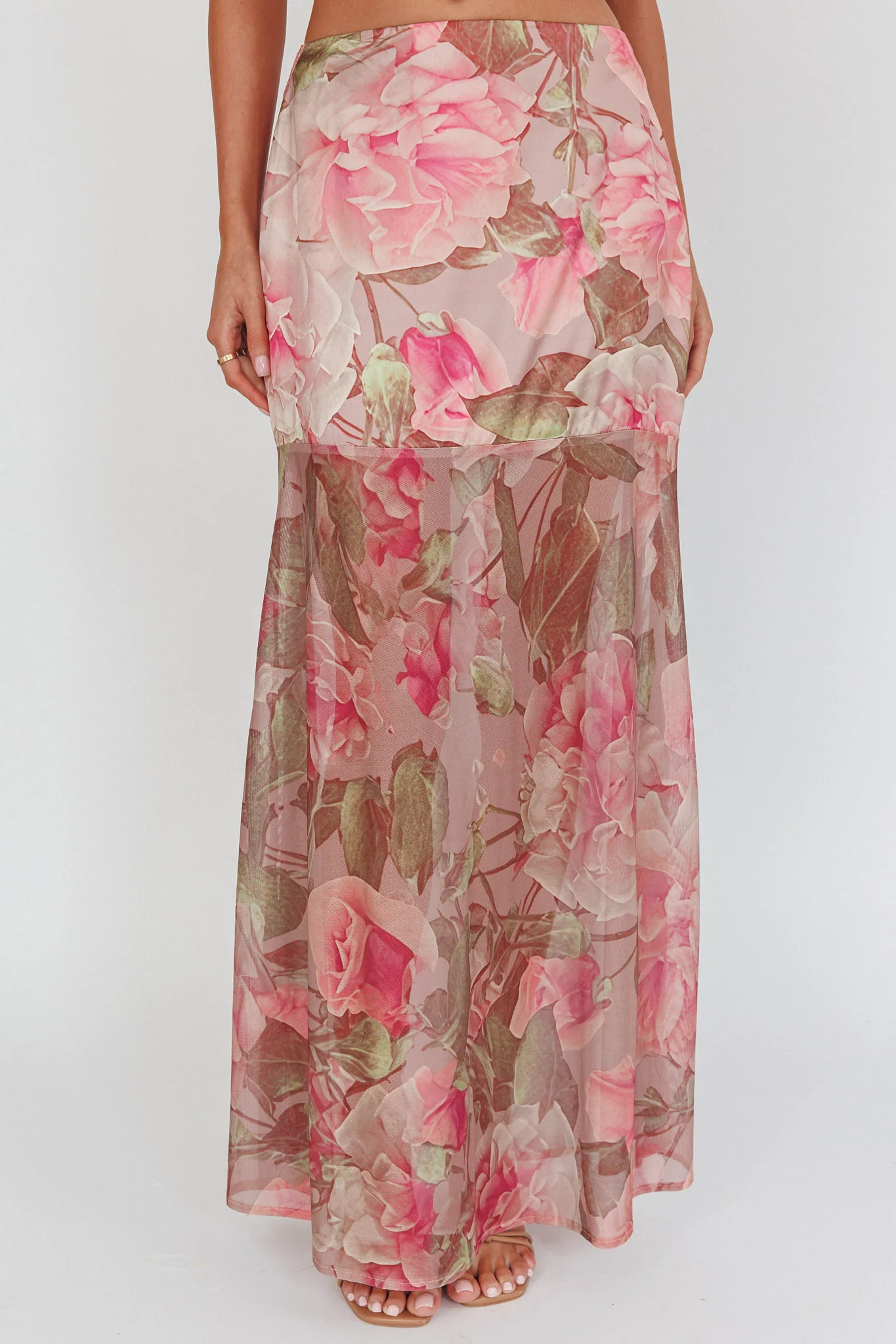 Sunset High Sheer Hem Maxi Skirt Floral Blush