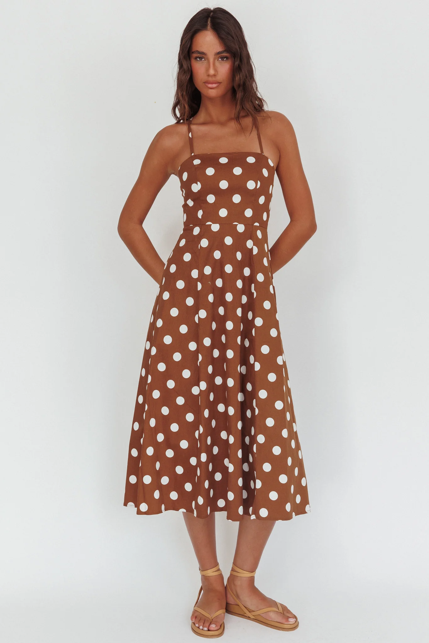 Second Glance Olga Criss-Cross Back Midi Dress Polka Dot Brown