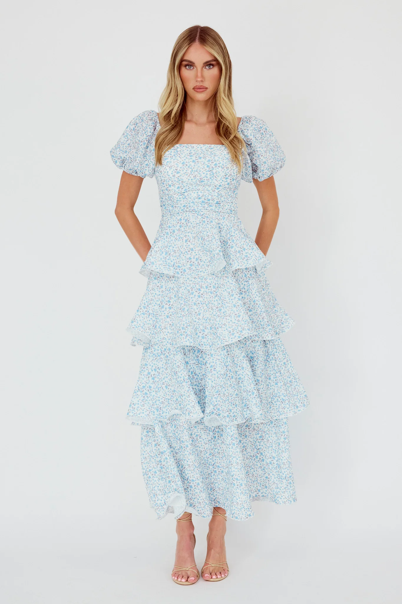 Giavana Puff Sleeve Layered Maxi Dress Floral Blue