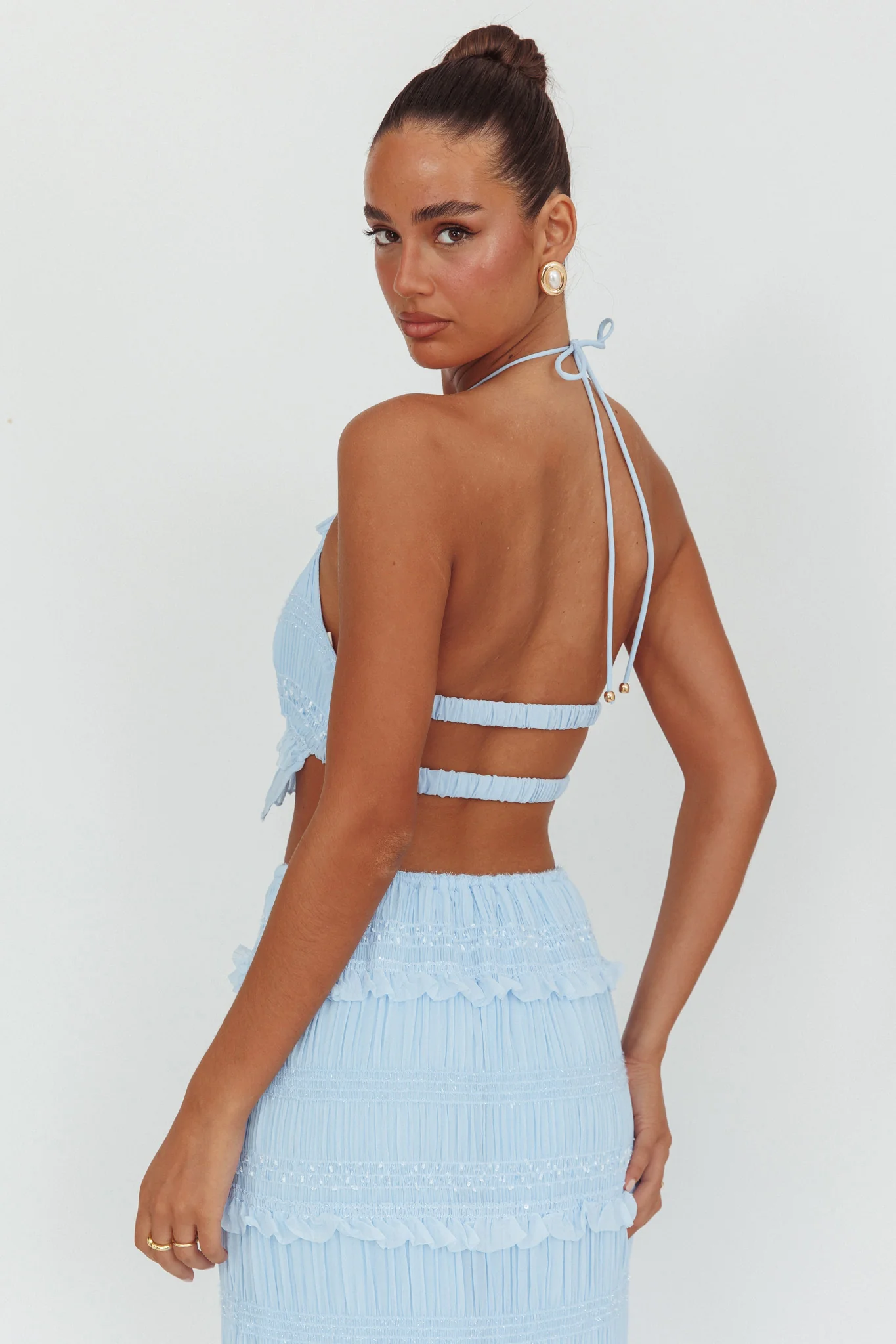 Helios Halterneck Shirred Sequin Top Blue