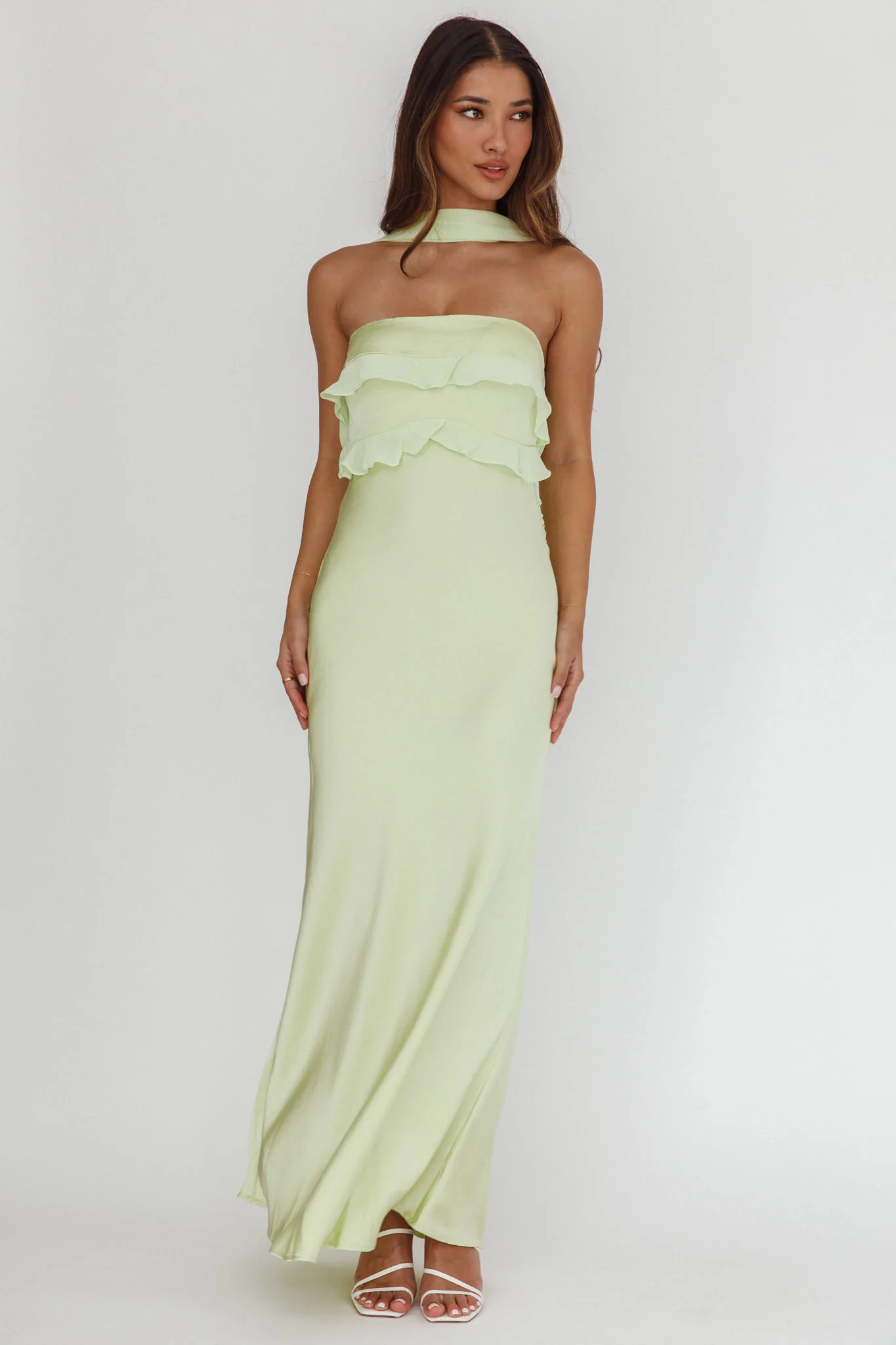 Damsel Reverse Halter Frill Trim Maxi Dress Sage