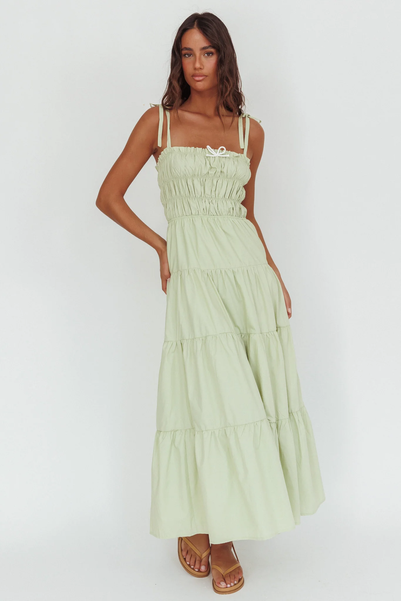 Anderson Tied Shoulder Smocked Bodice Maxi Dress Sage