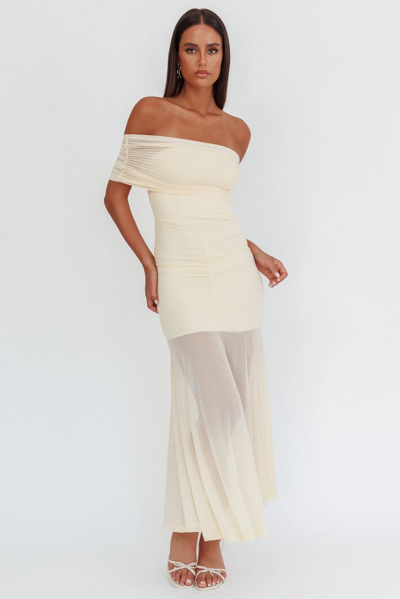 Clarita Sheer Ruched Maxi Dress Cream