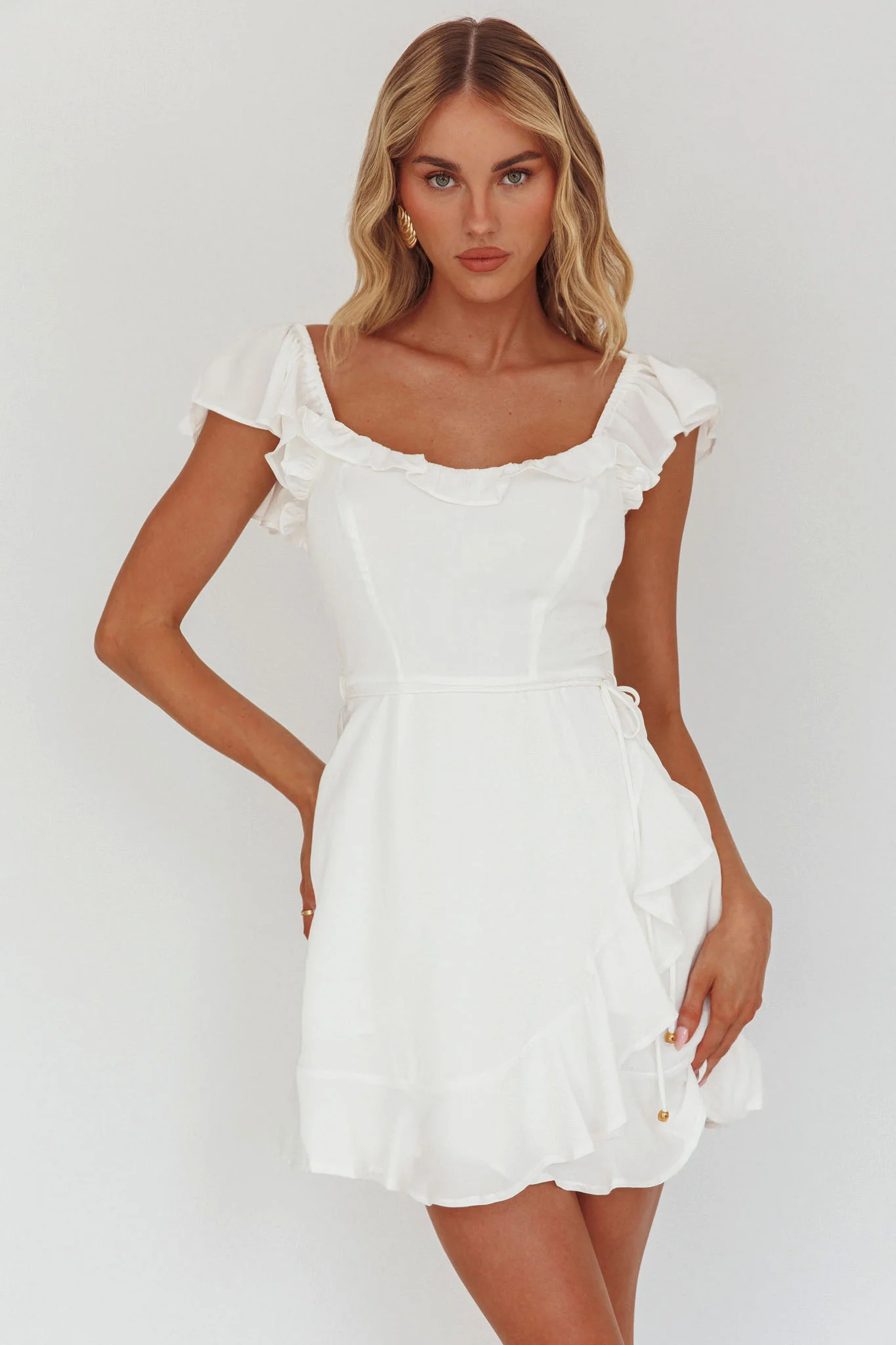 Thinkin' Bout You Ruffle Trim Waist-Tie Dress White