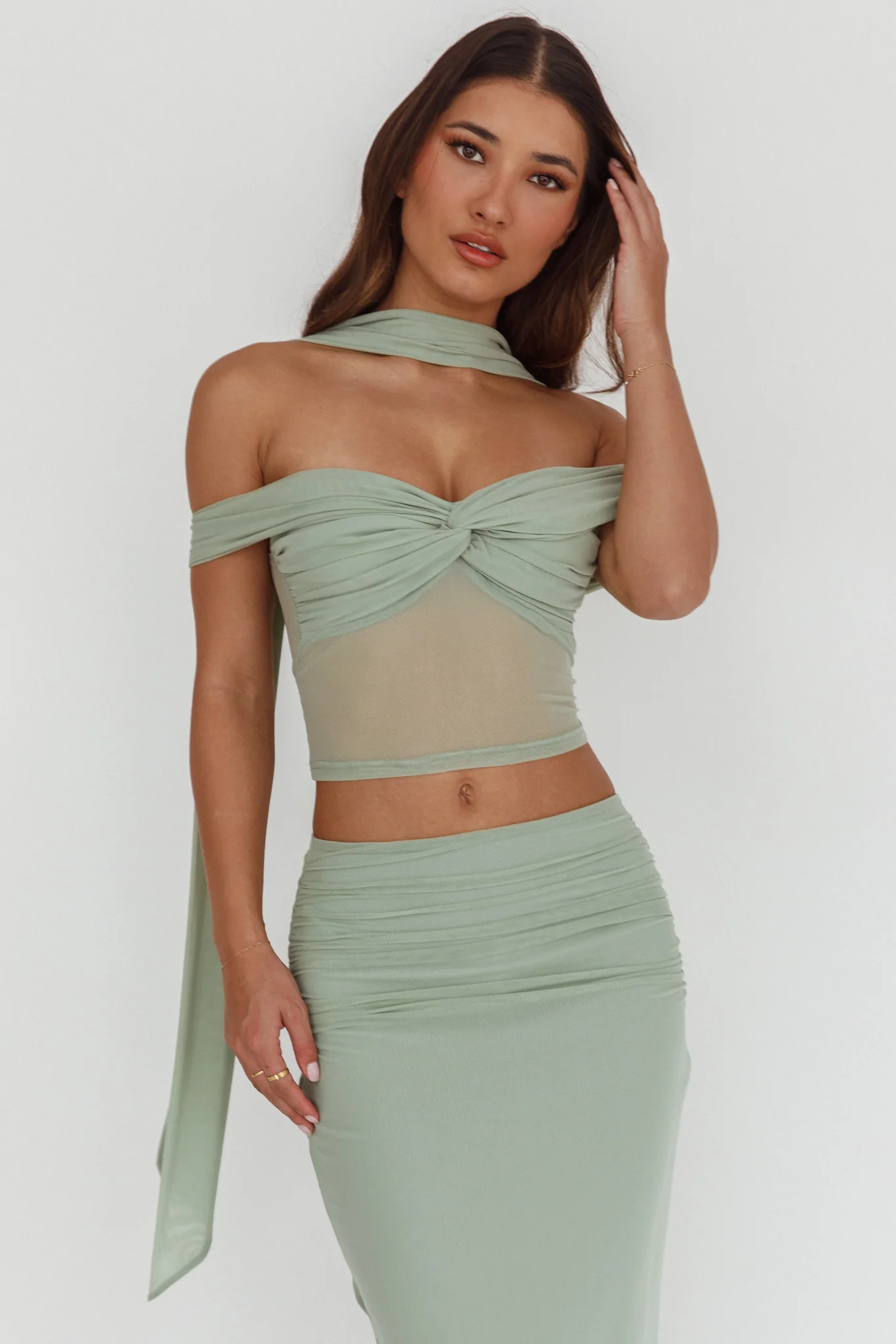All The Lights Off-Shoulder Crop Top Sage