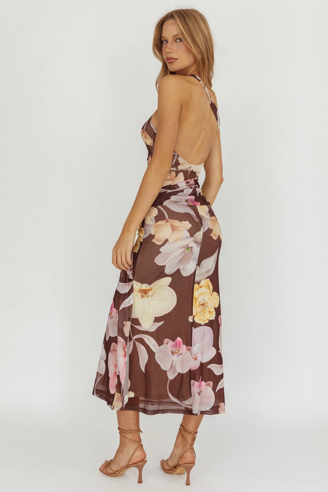 Kimbra Waist Sash Maxi Dress Floral Brown