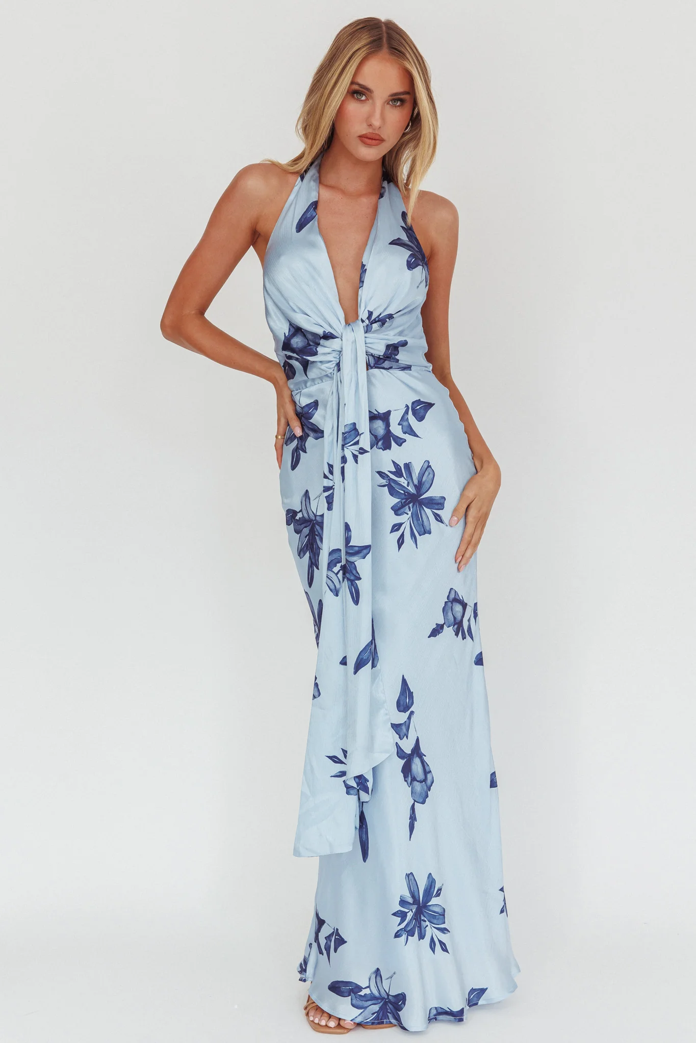 Make Believe Plunging Halterneck Maxi Dress Floral Navy