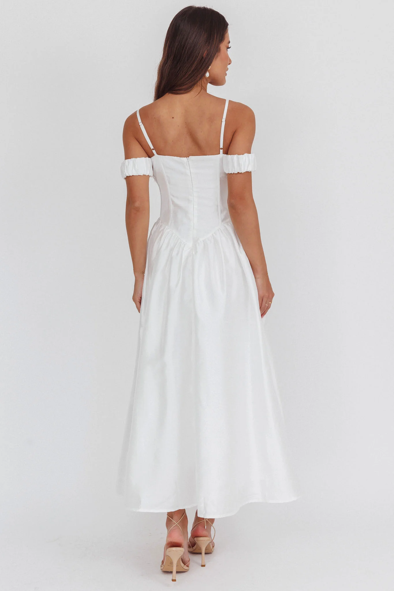 Heavens Above Off-Shoulder Basque Waist Midi Dress Ivory