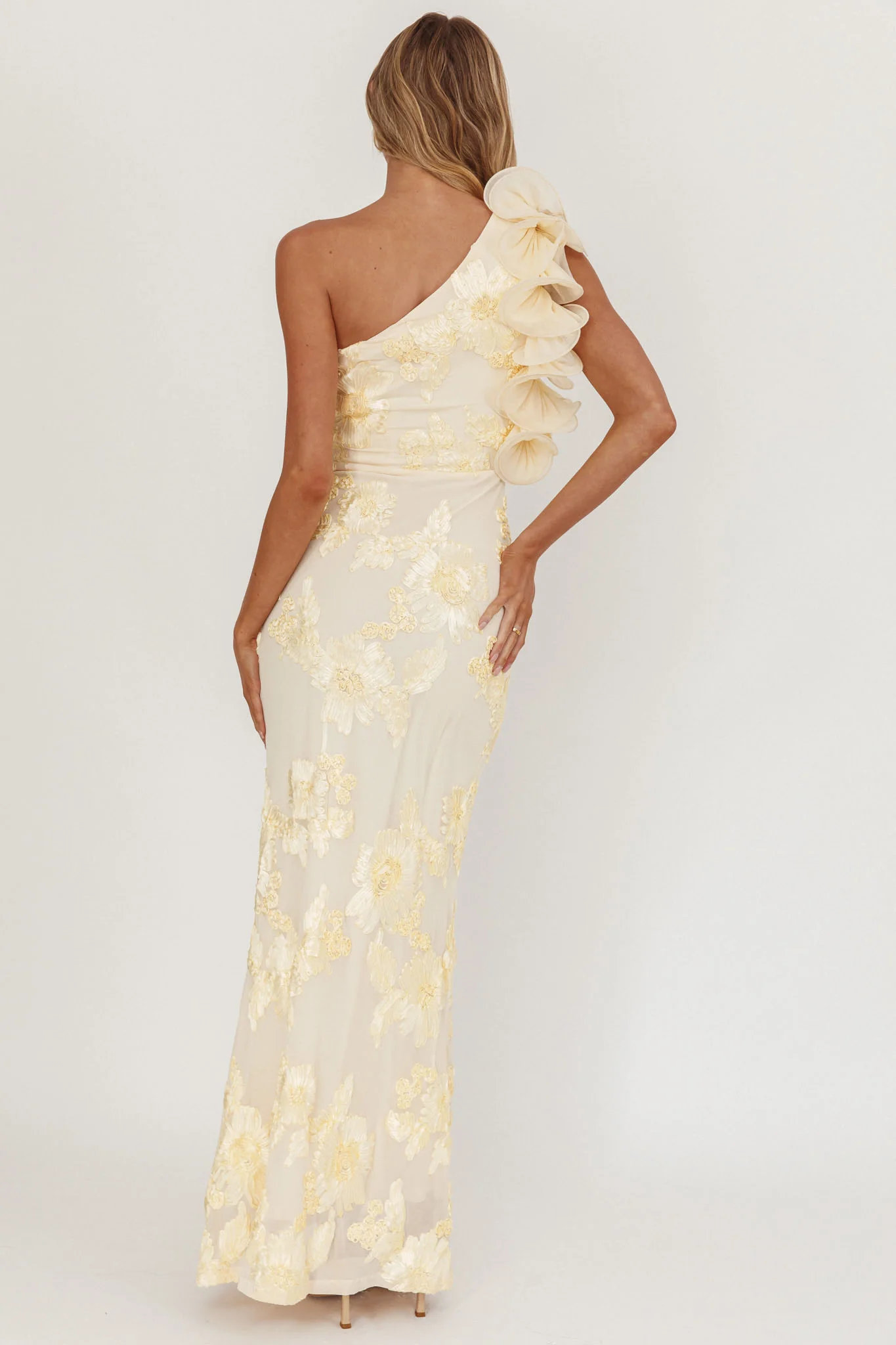 Deanna One-Shoulder Ruffle Maxi Dress Floral Texture Yellow
