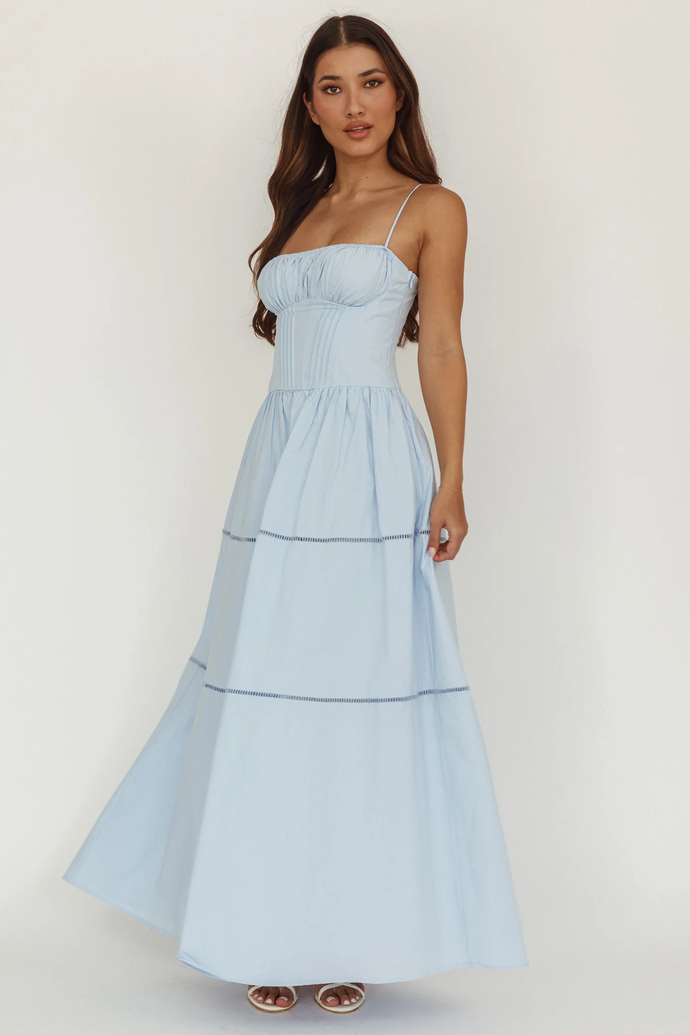 Heavenly Glow Gathered Bust A-Line Maxi Dress Blue