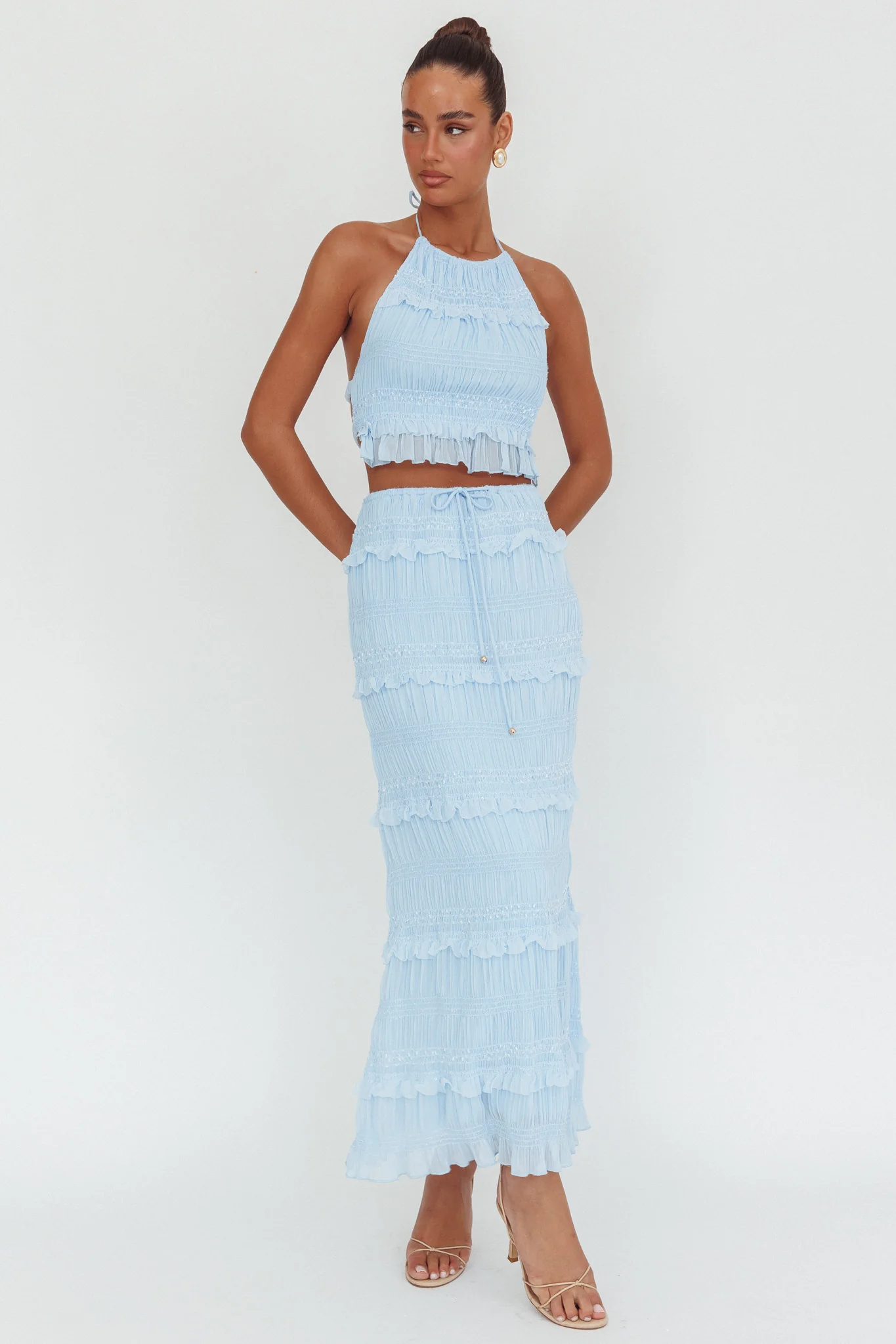 Helios Halterneck Shirred Sequin Top Blue