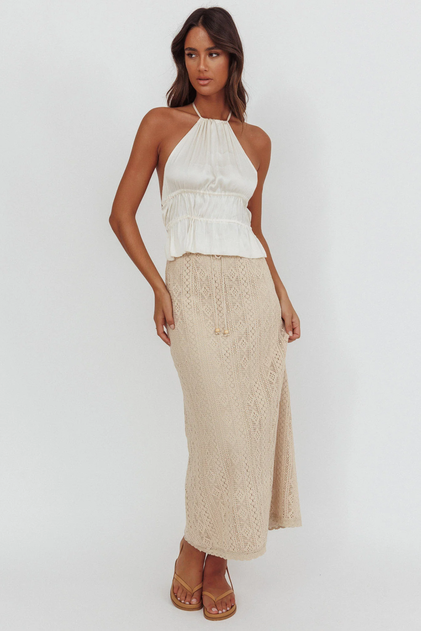 Days Away Crochet Lace Maxi Skirt Sand