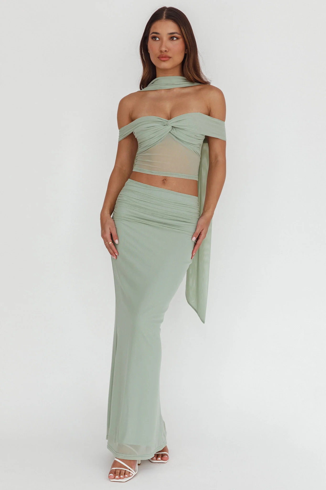 All The Lights Ruched Midi Skirt Sage