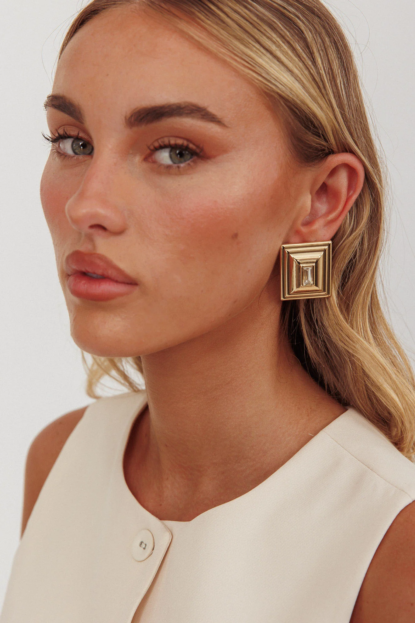 Martha Rectangle Rhinestone Earrings Gold/Diamante