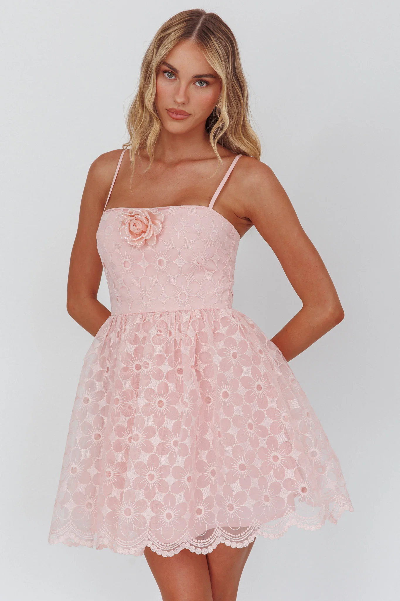 Bahia A-Line Square Neckline Mini Dress Lace Blush