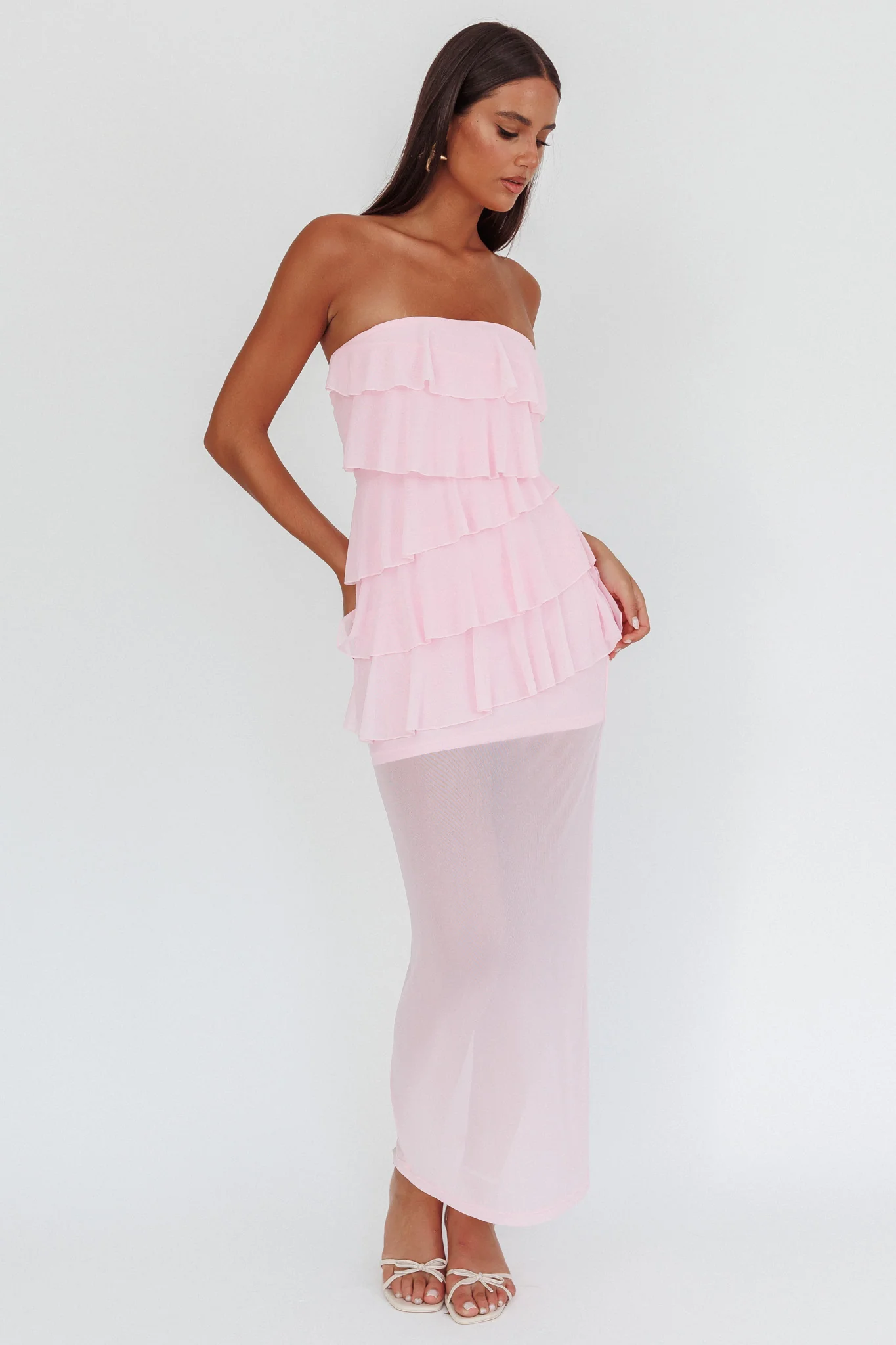 Crewe Strapless Ruffle Maxi Dress Pink