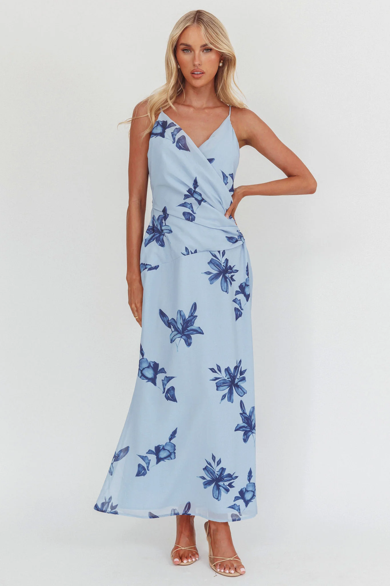 Lexxi Crossover Gathered Waist Maxi Dress Floral Blue
